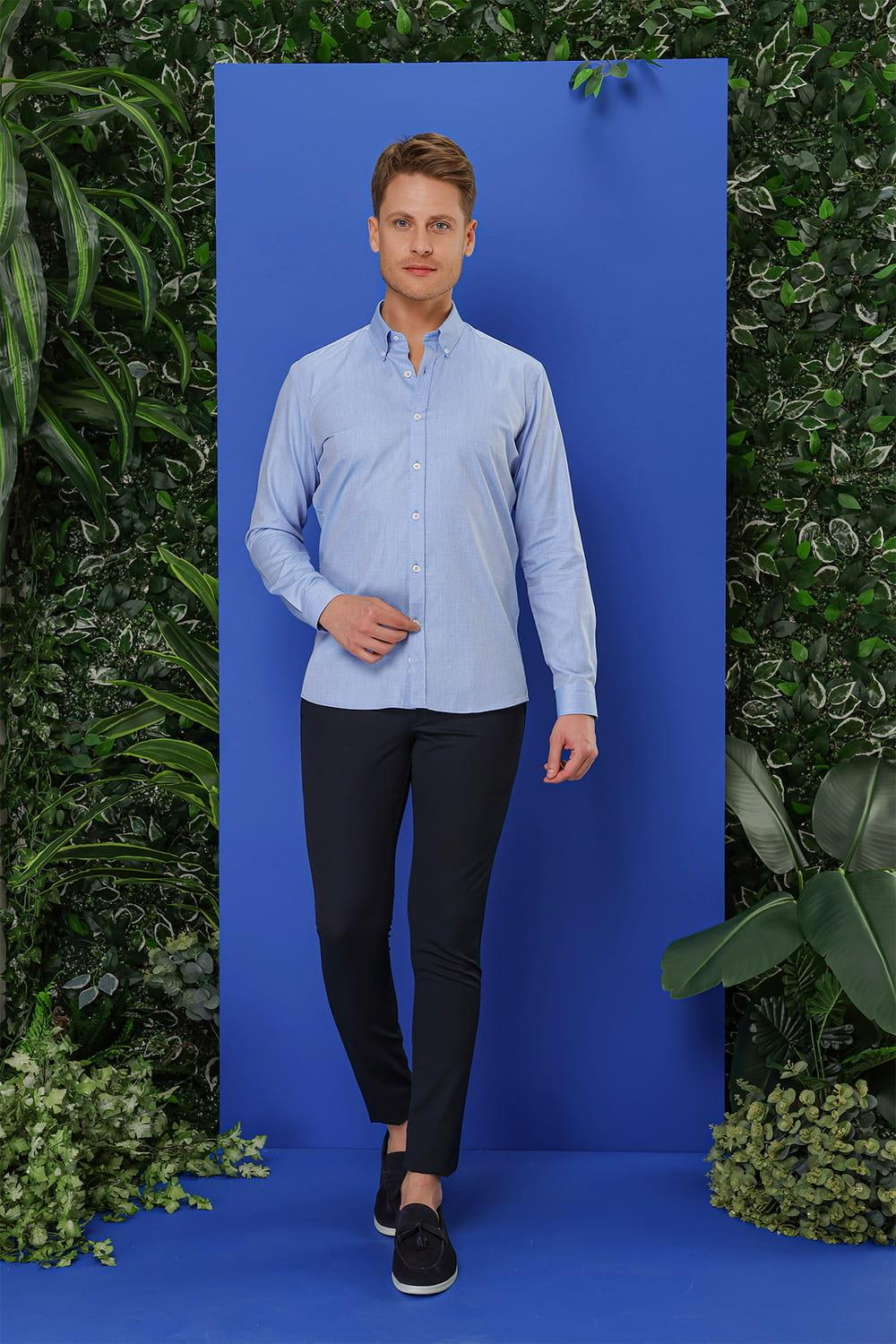 GK 678 Slim Fit Mavi Klasik Gömlek