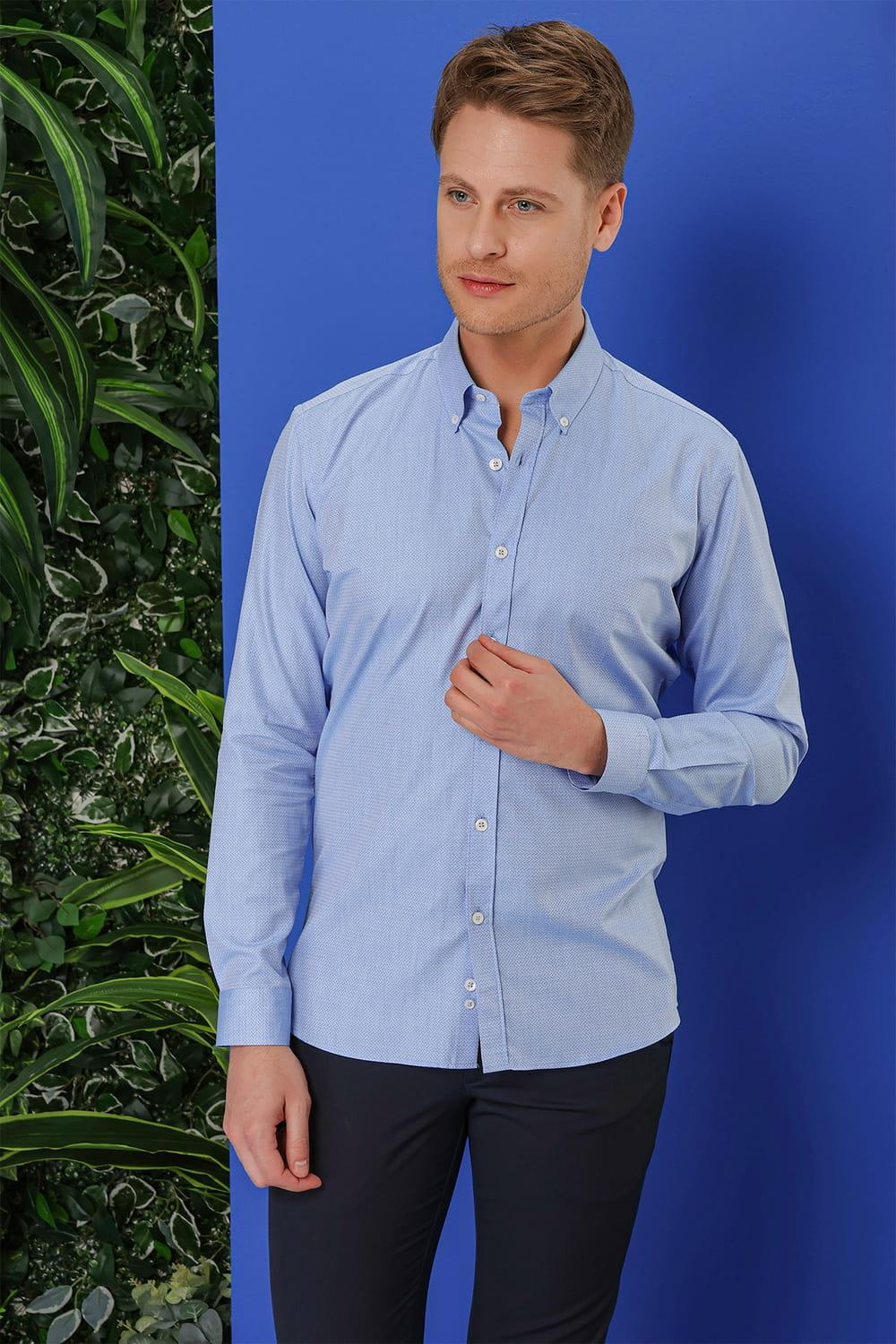 GK 678 Slim Fit Mavi Klasik Gömlek