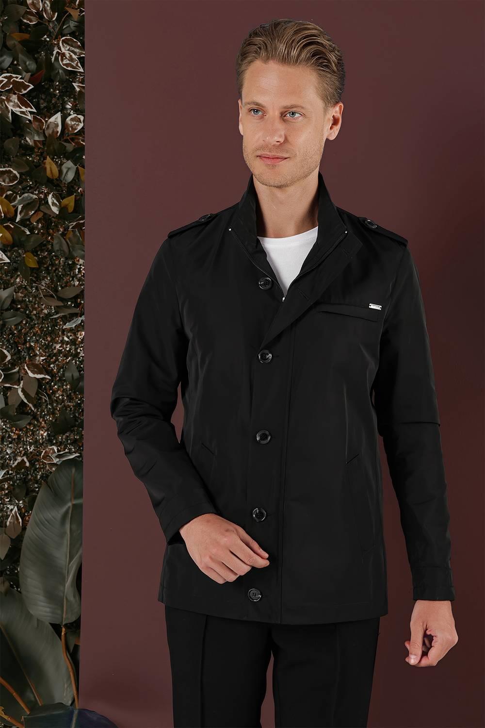 Hakim Yaka Düğme ve Fermuarlı Yan Cepli Mevsimlik Siyah Mont Ka 077