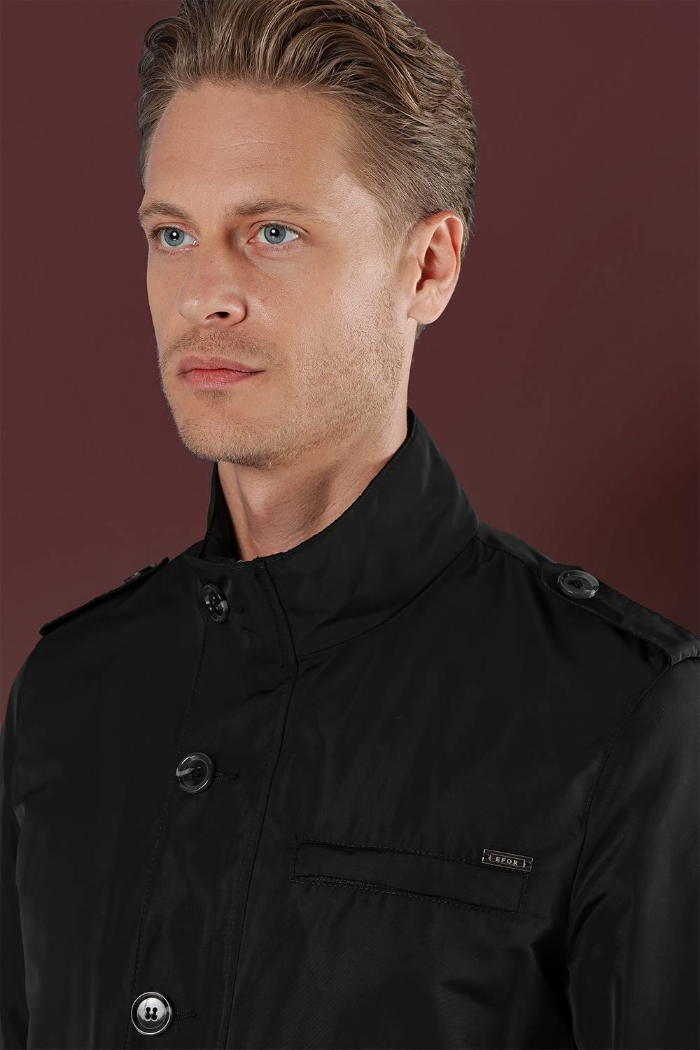 Hakim Yaka Düğme ve Fermuarlı Yan Cepli Mevsimlik Siyah Mont Ka 077