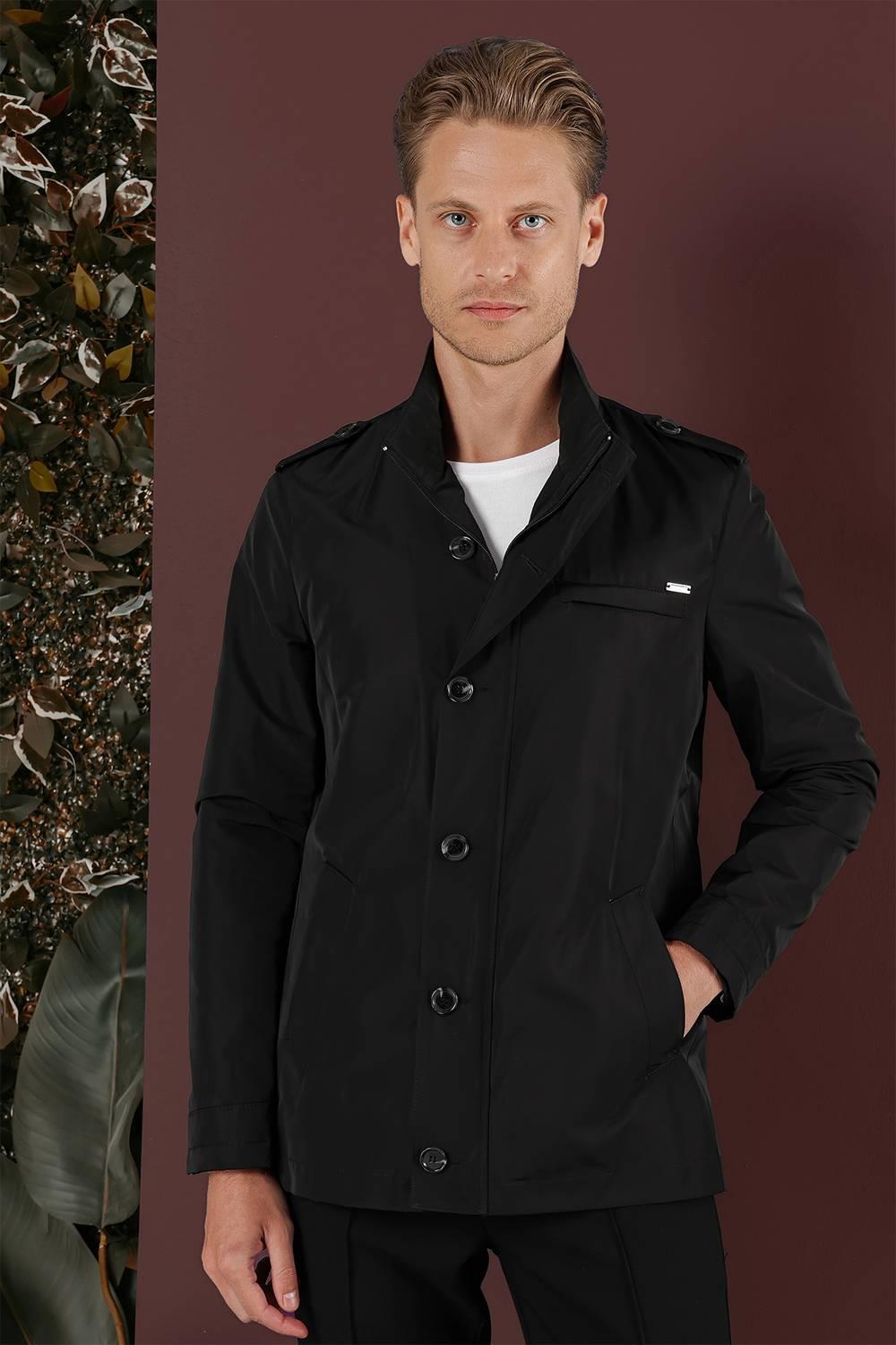 Hakim Yaka Düğme ve Fermuarlı Yan Cepli Mevsimlik Siyah Mont Ka 077