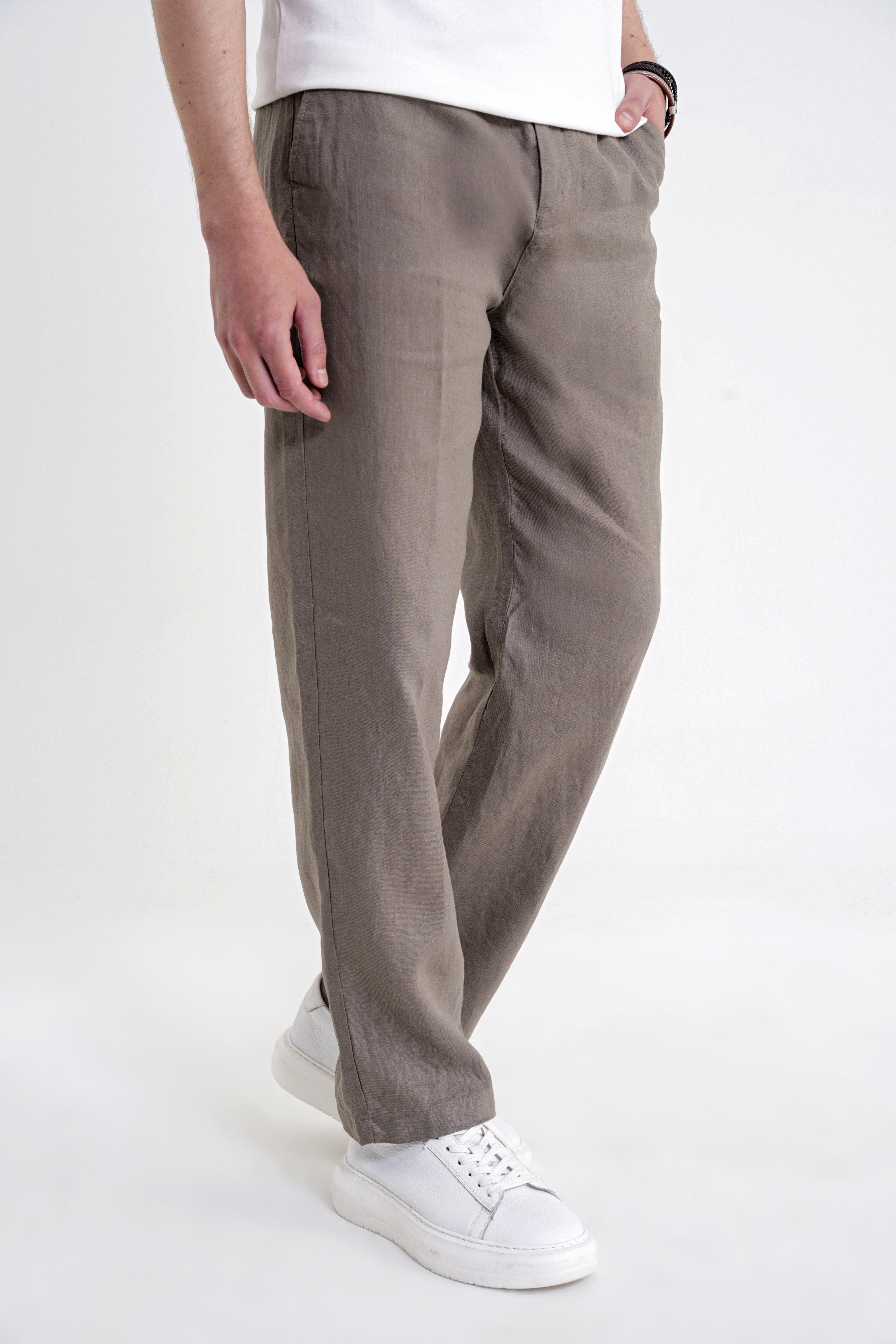 Oversize Kalıp Yan Cep Beli Lastikli Haki Keten Pantolon P 1216