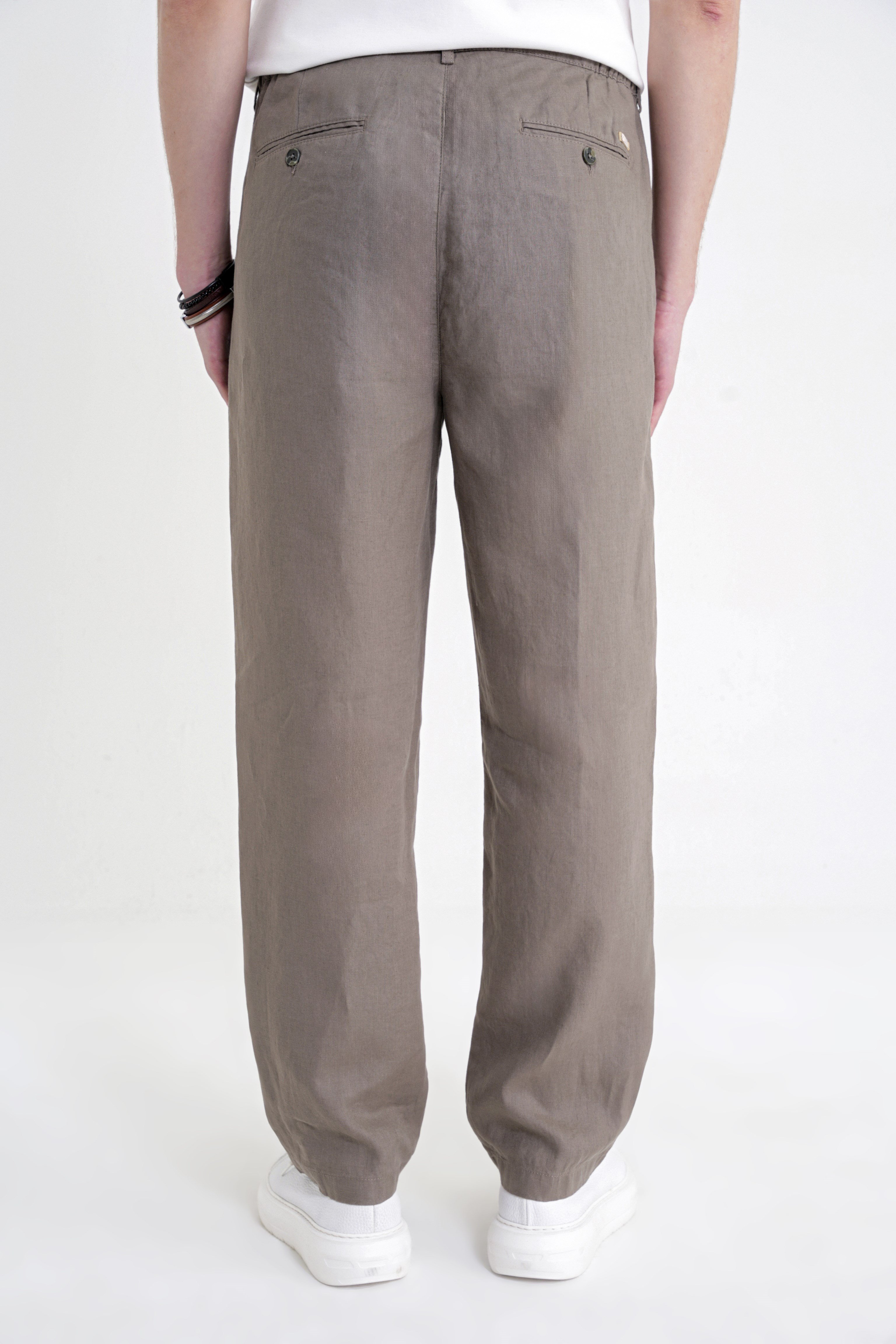 Oversize Kalıp Yan Cep Beli Lastikli Haki Keten Pantolon P 1216