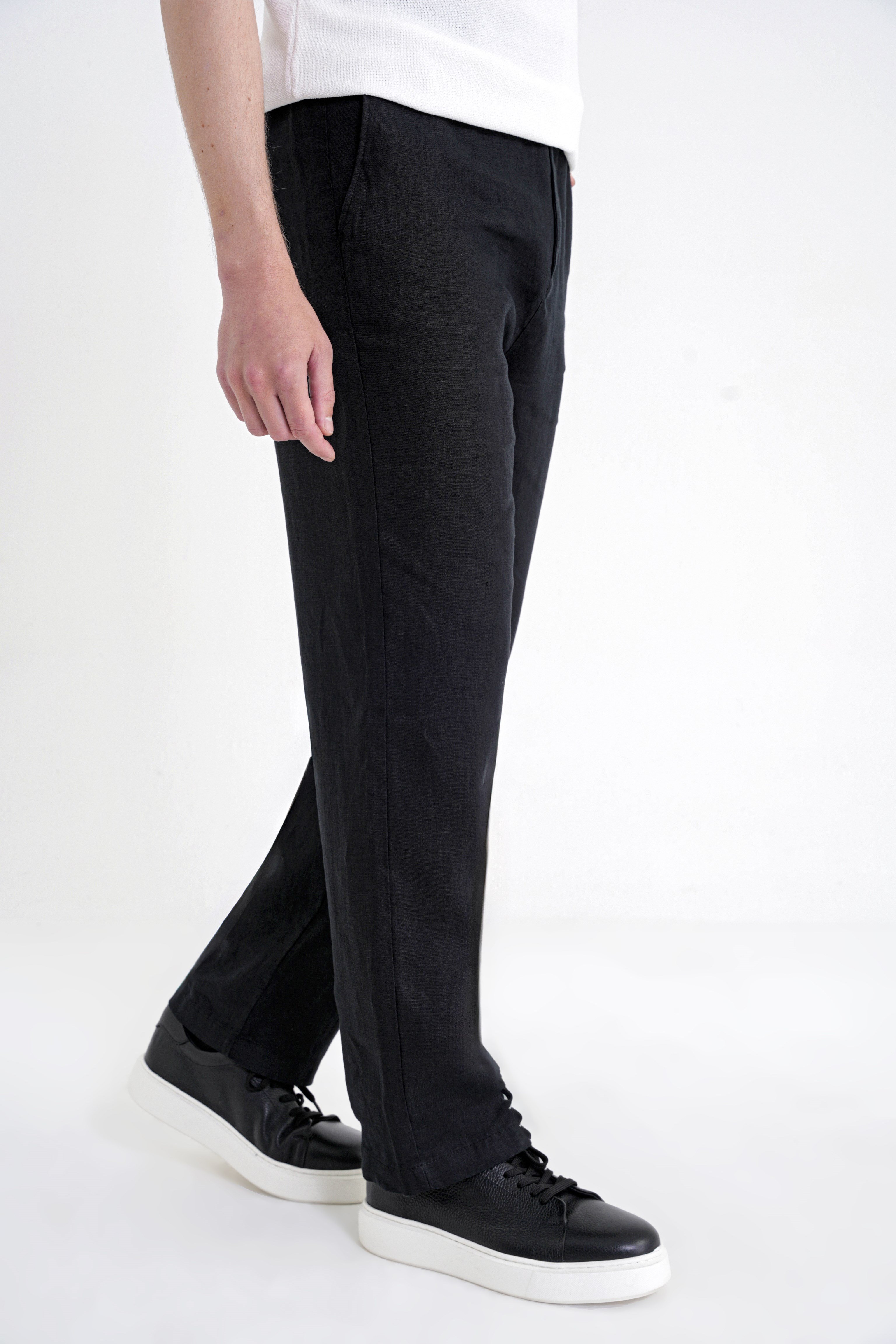 Oversize Kalıp Yan Cep Beli Lastikli Siyah Keten Pantolon P 1216