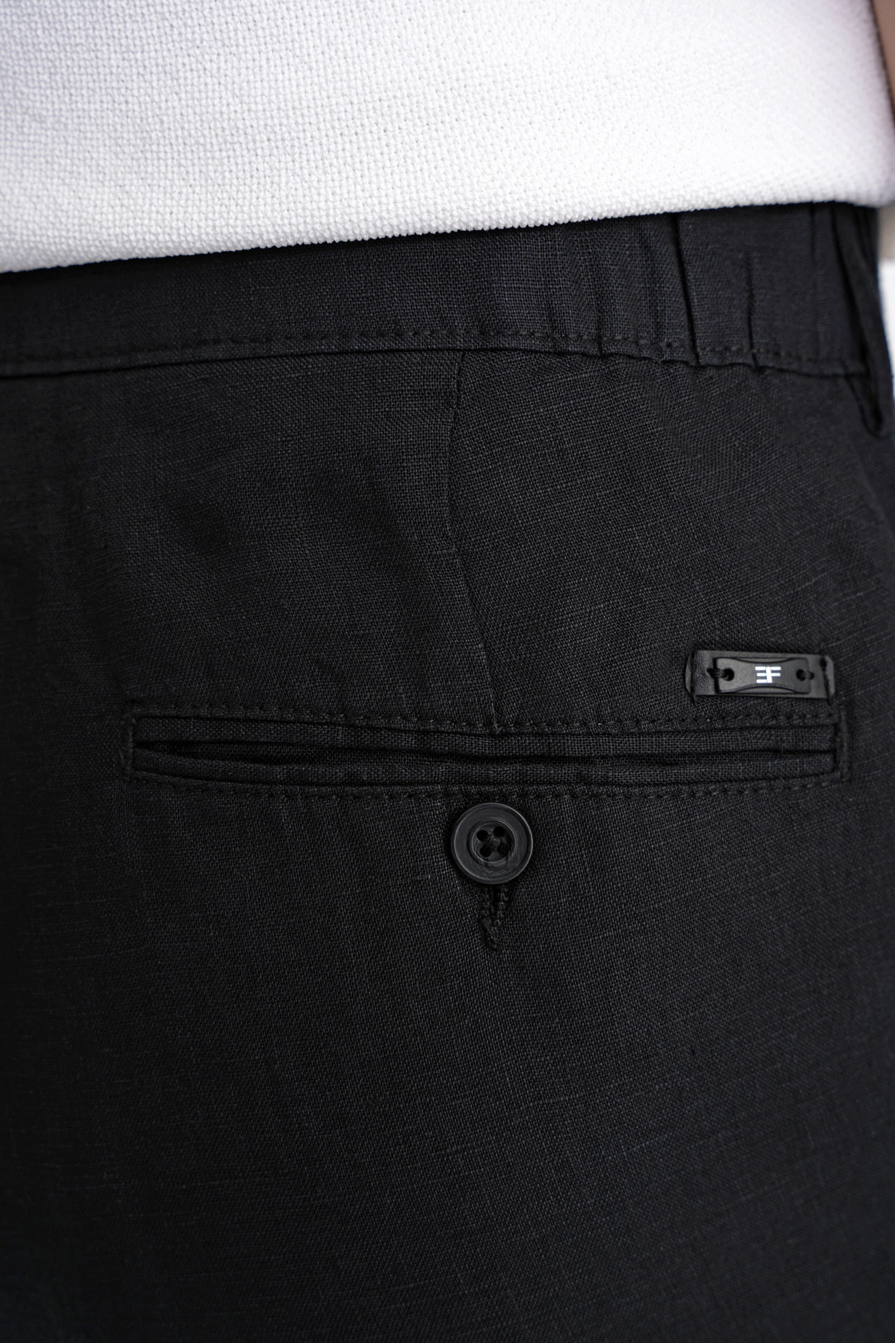 Oversize Kalıp Yan Cep Beli Lastikli Siyah Keten Pantolon P 1216