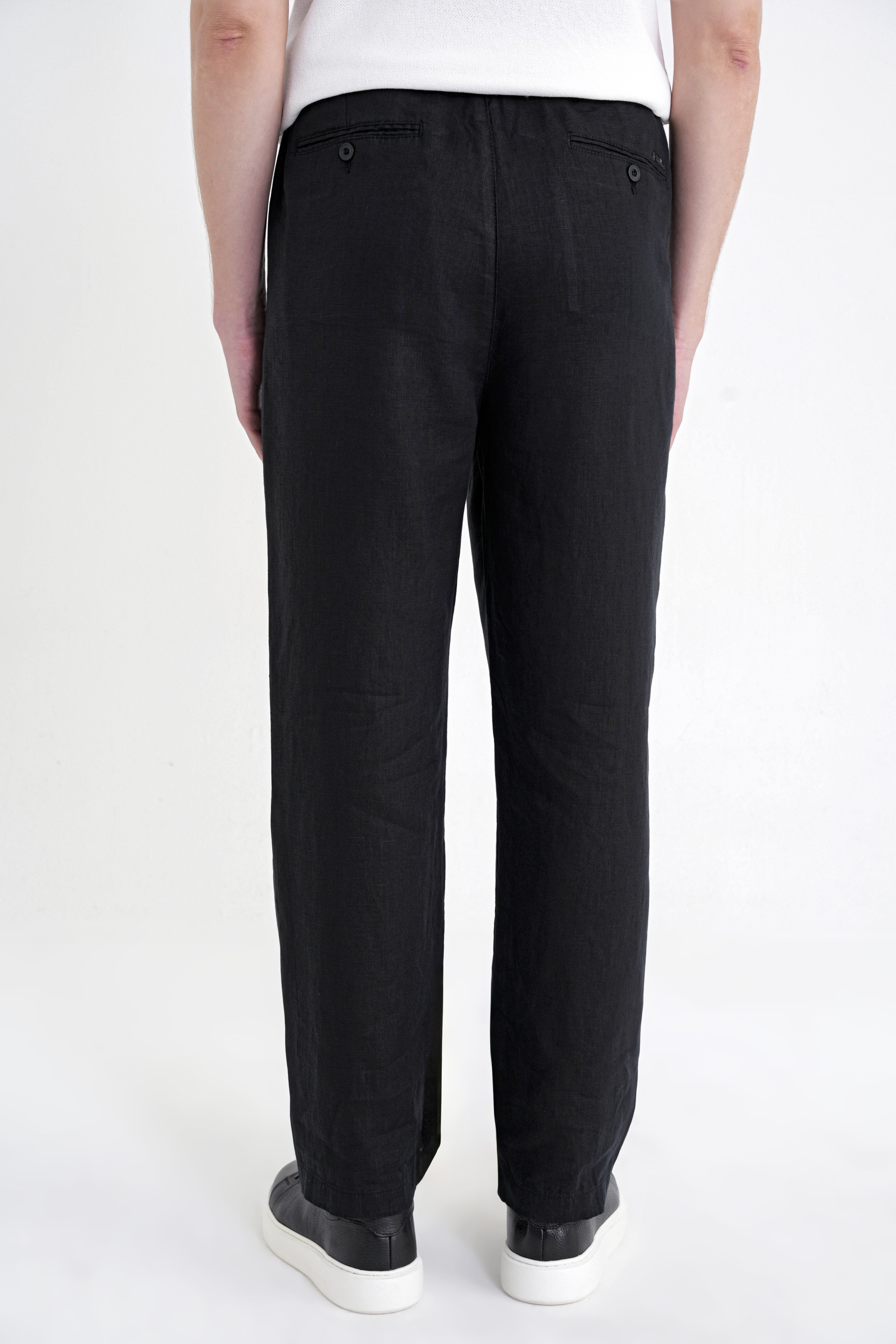 Oversize Kalıp Yan Cep Beli Lastikli Siyah Keten Pantolon P 1216