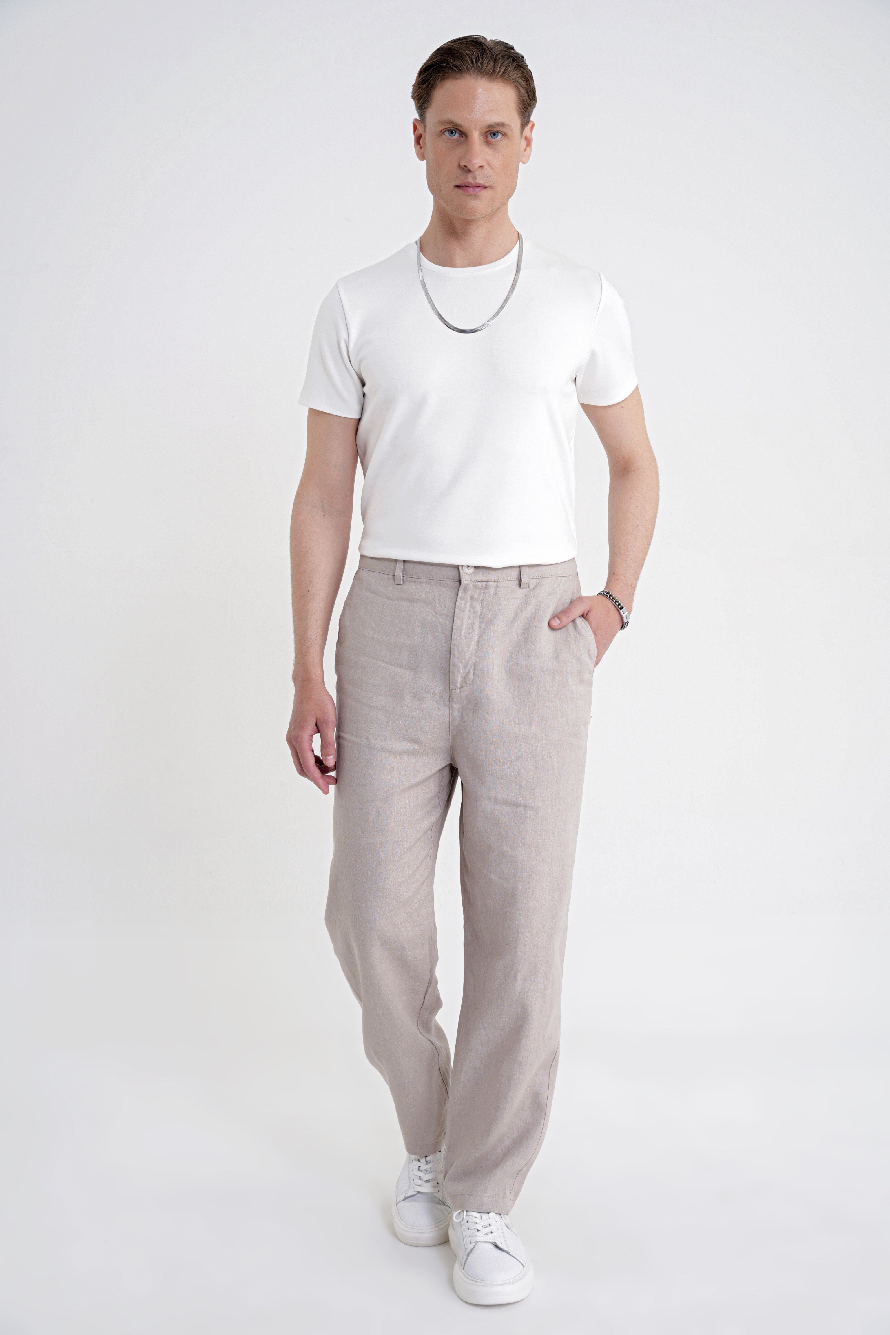 Oversize Kalıp Yan Cep Beli Lastikli Taş Keten Pantolon P 1216