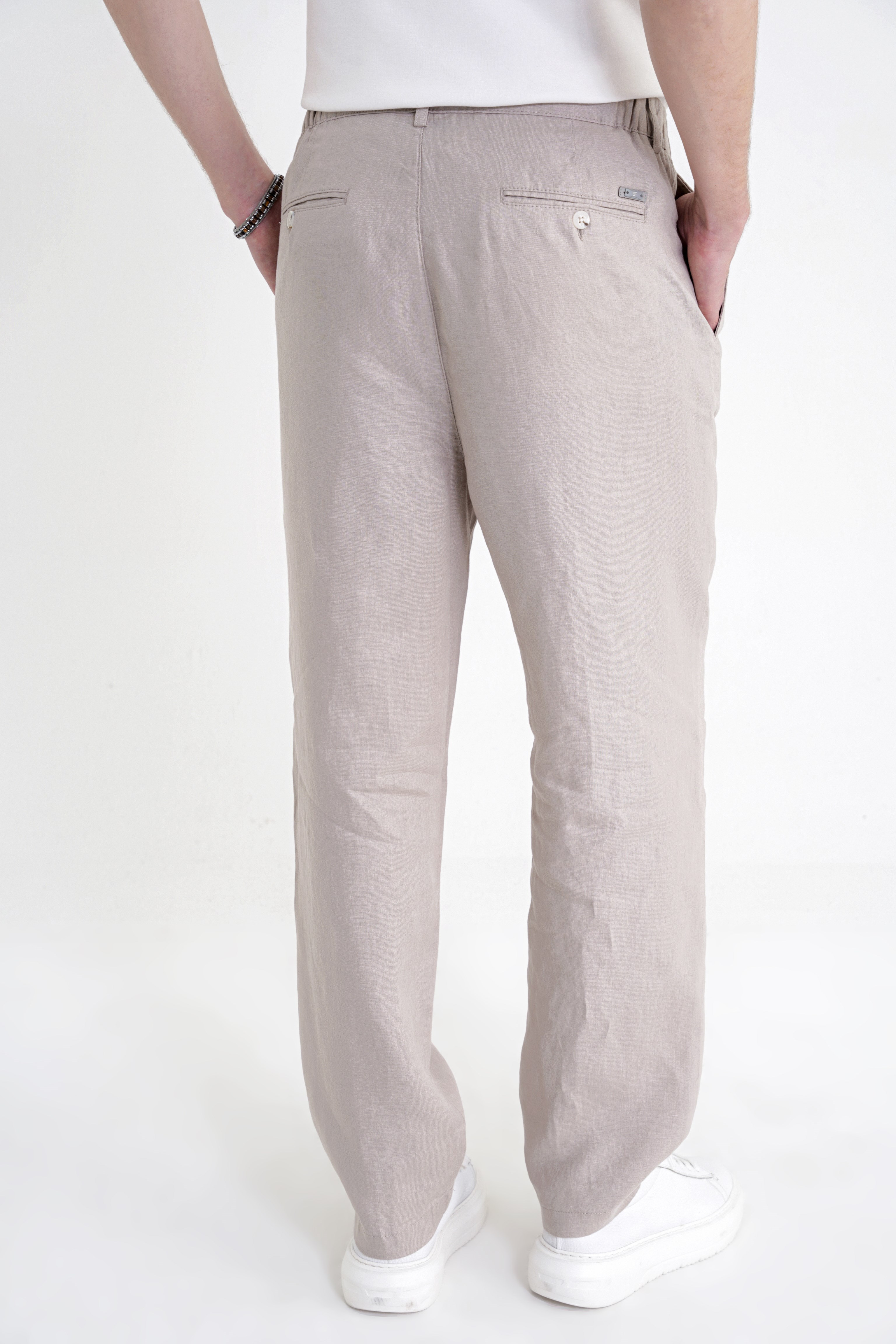 Oversize Kalıp Yan Cep Beli Lastikli Taş Keten Pantolon P 1216