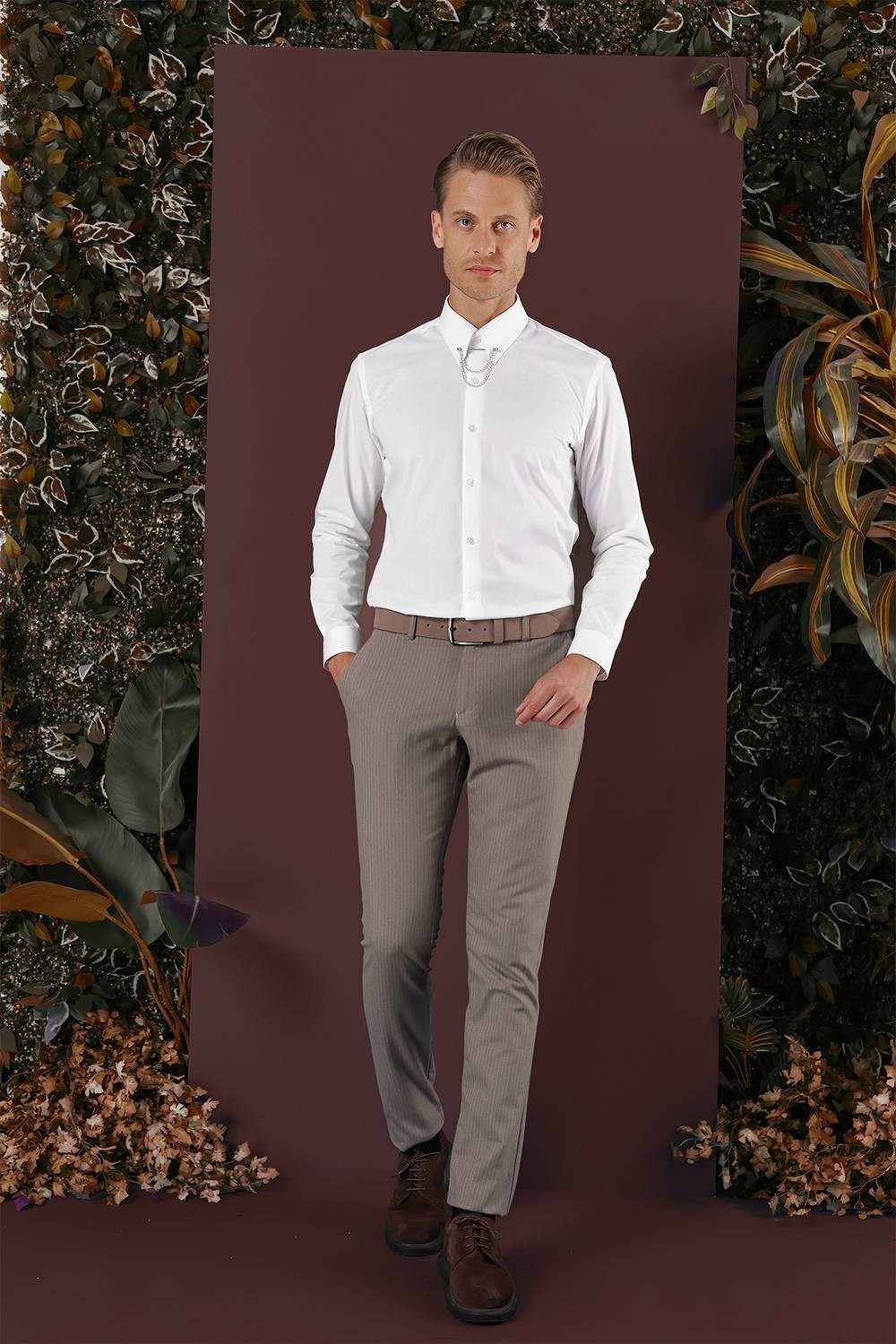 P 1136 Slim Fit Bej Klasik Pantolon