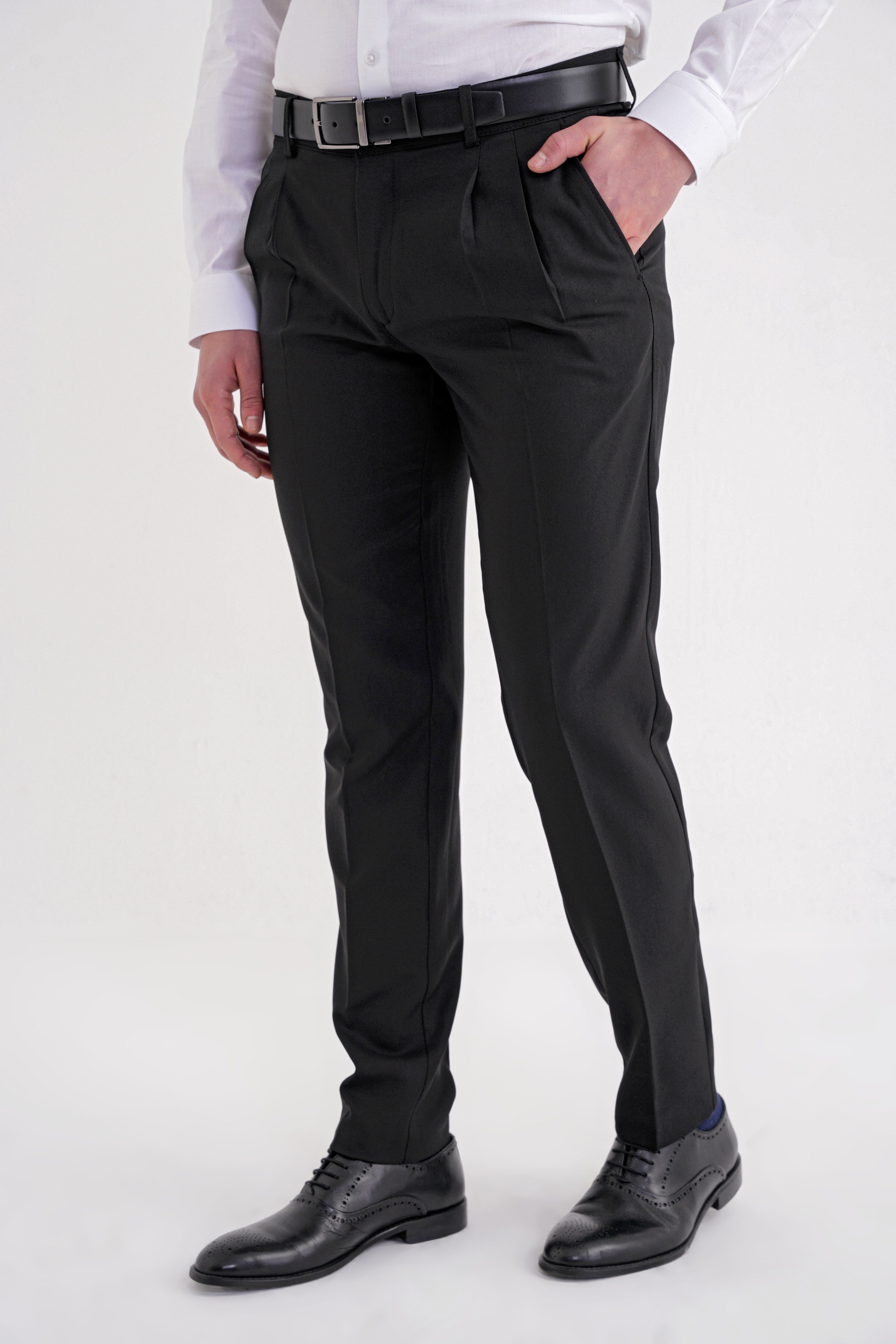 Regular Fit Çift Pileli Esnek Yünlü Düz Siyah Pantolon P 1209