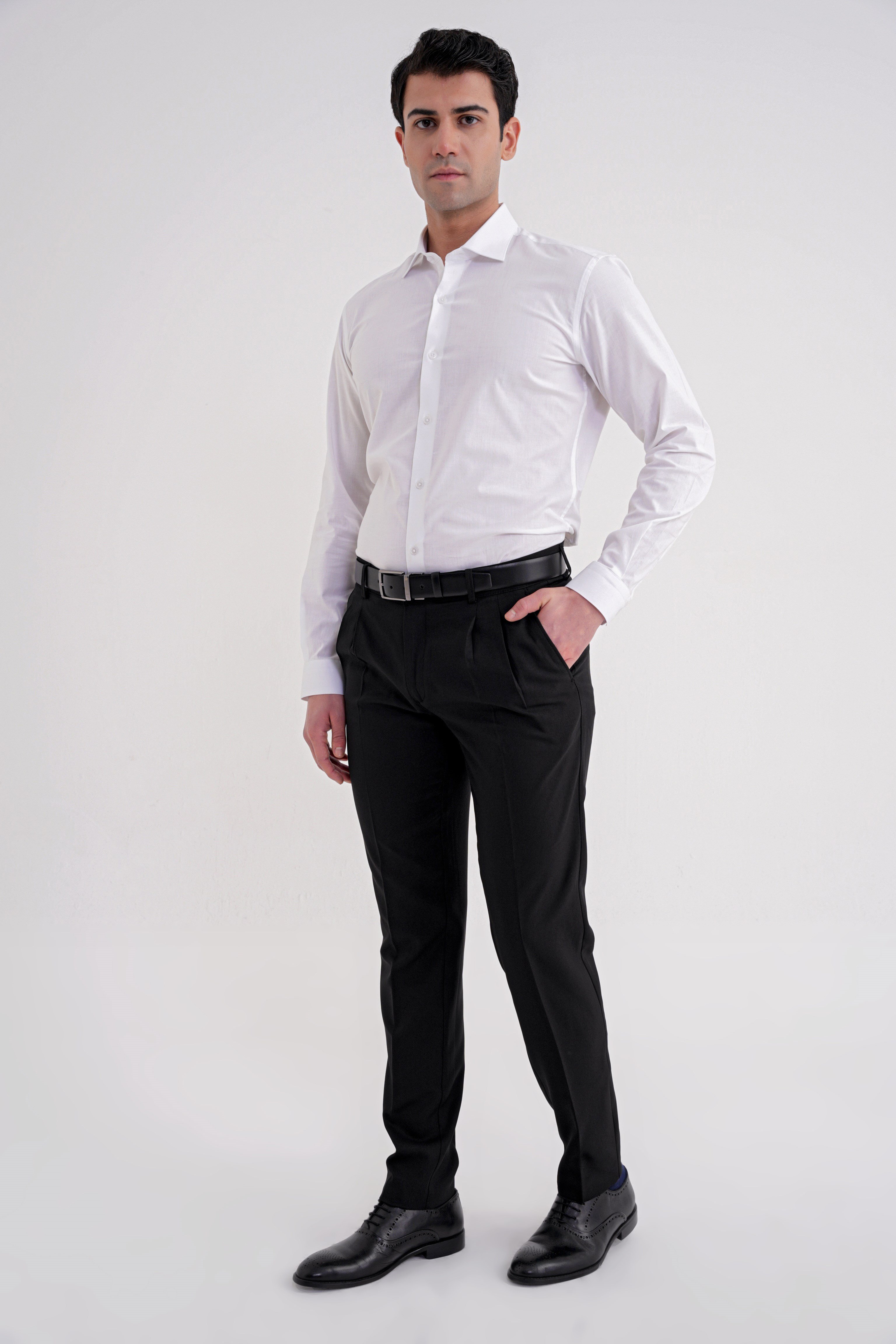 Regular Fit Çift Pileli Esnek Yünlü Düz Siyah Pantolon P 1209