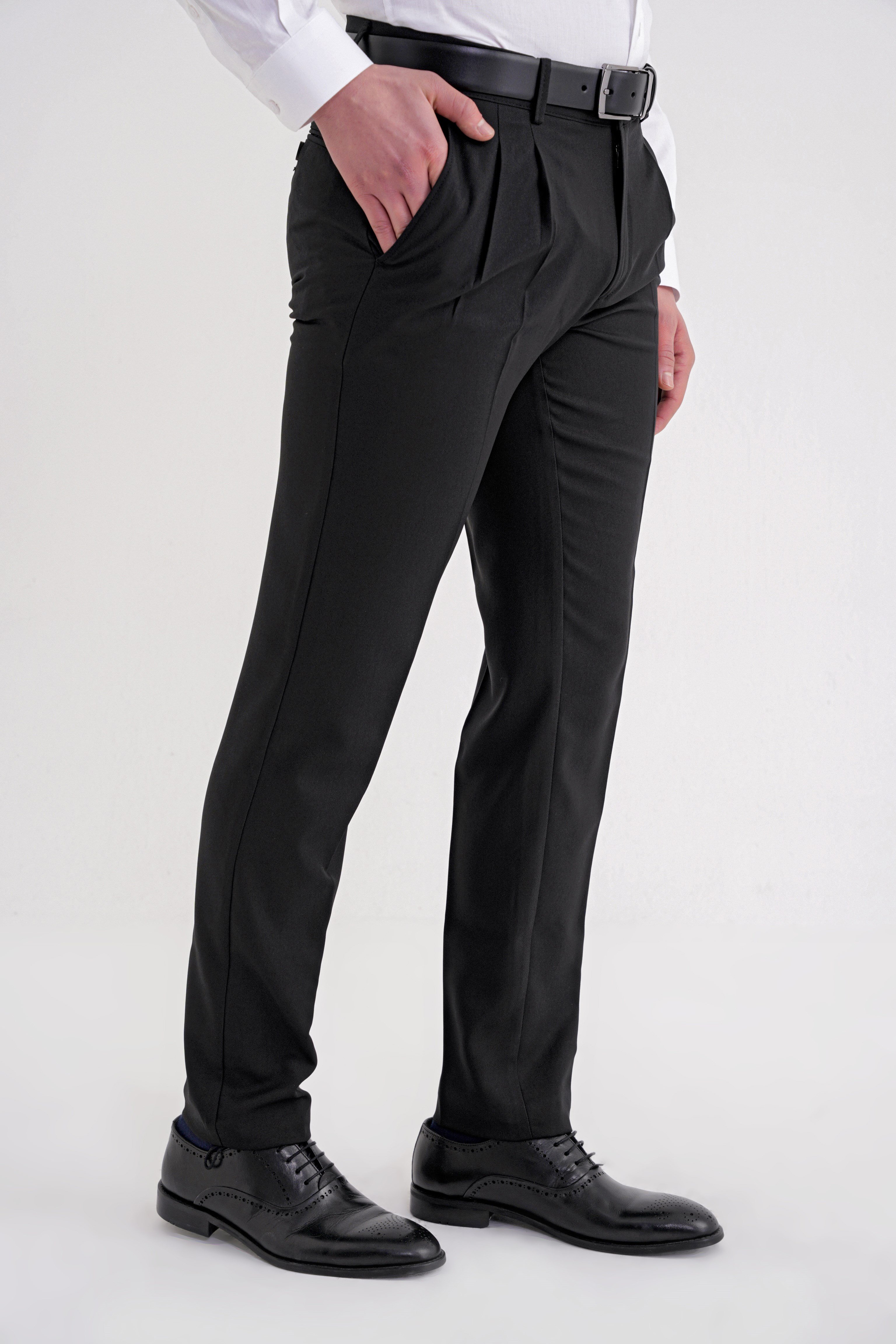 Regular Fit Çift Pileli Esnek Yünlü Düz Siyah Pantolon P 1209