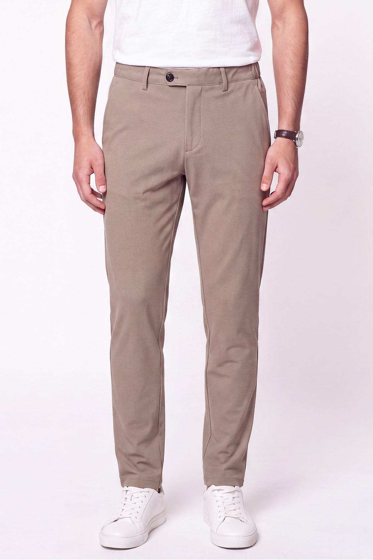 Regular Fit Yan Cep Doku Desenli Beli Lastikli Bej Pantolon P 1212