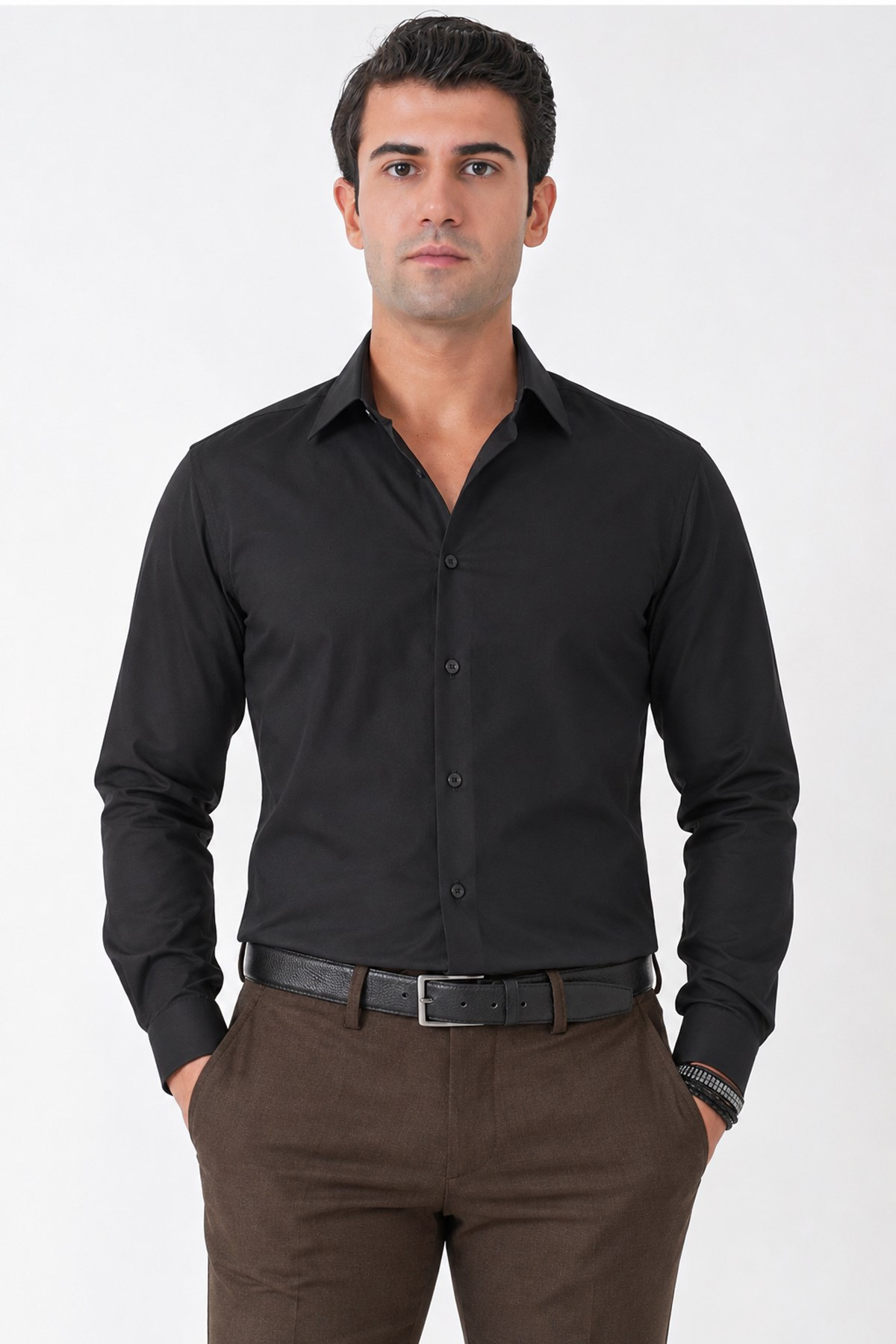 Siyah %100 Pamuklu Nefes Alabilir Kolay Ütülenebilir Uzun Kollu Slim Fit Gömlek GK 766