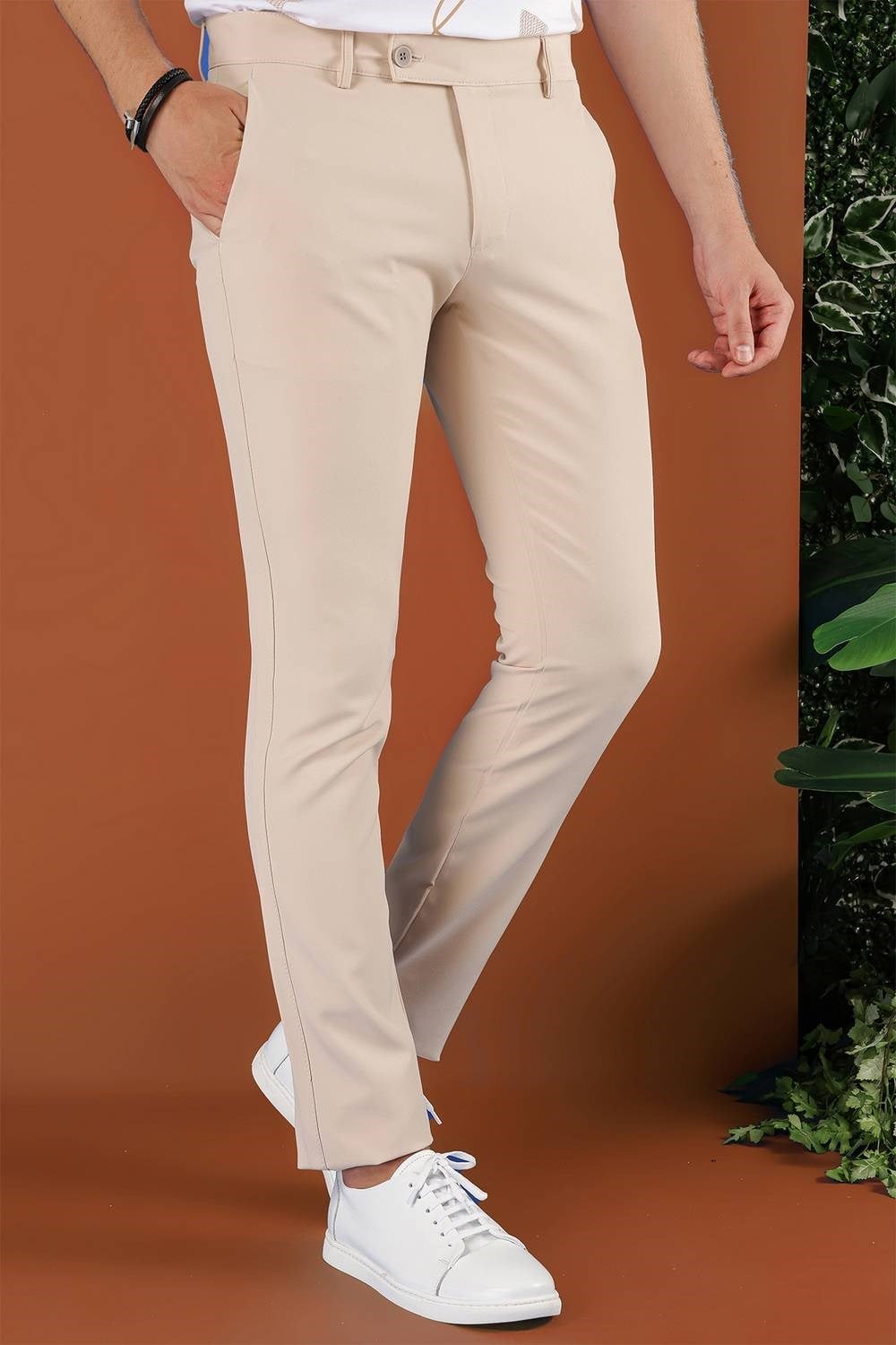 Skinny Kalıp Beli Lastikli Esnek Pamuklu Bej Pantolon P 1123