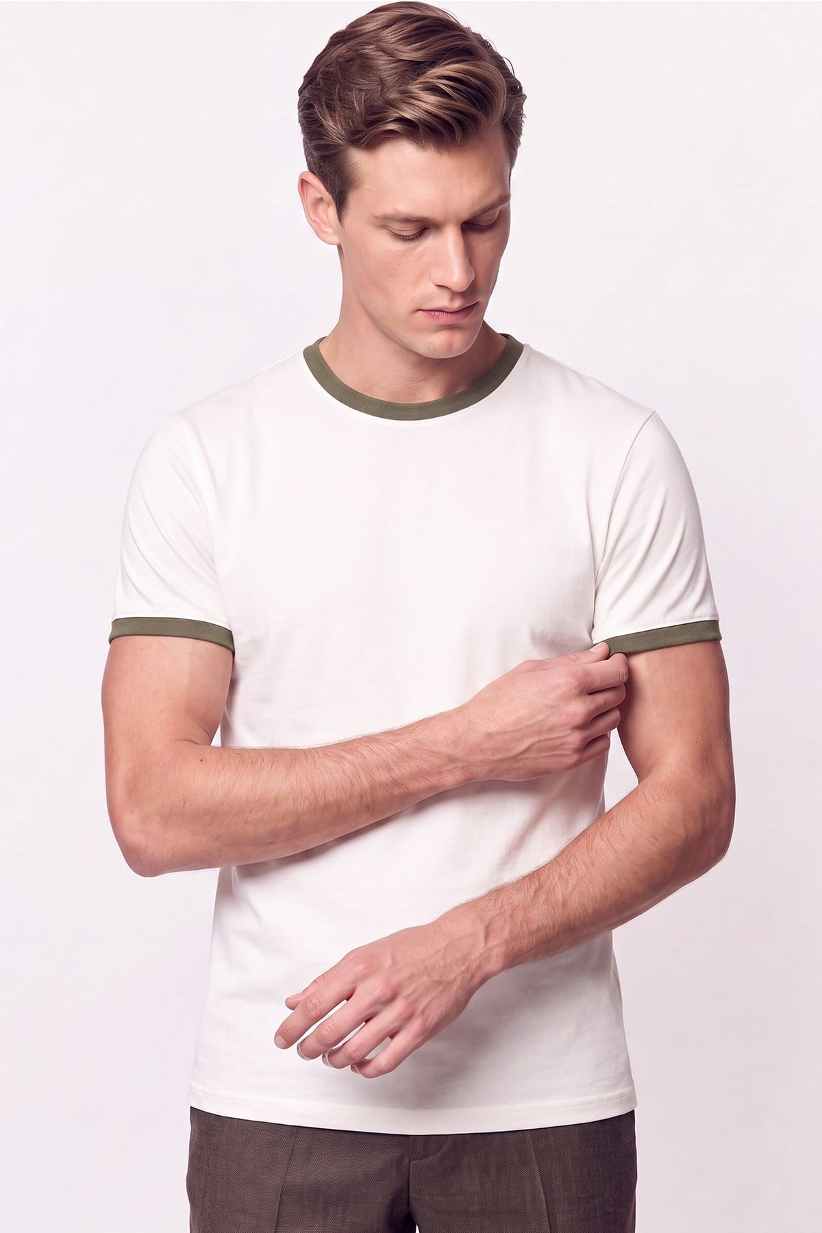 Slim Bisiklet Yaka Düz  EKRU-HAKİ  TS 932  T-SHIRT