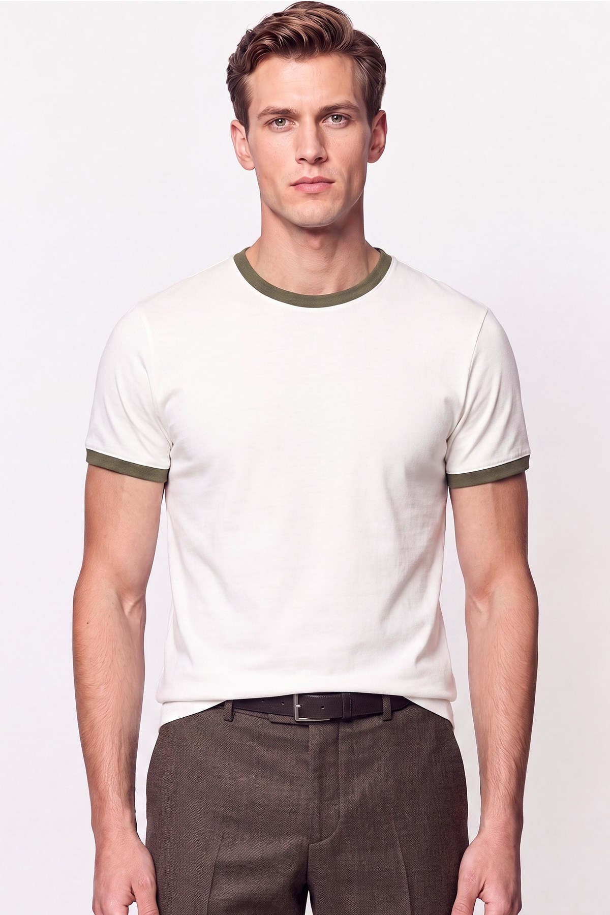 Slim Bisiklet Yaka Düz  EKRU-HAKİ  TS 932  T-SHIRT