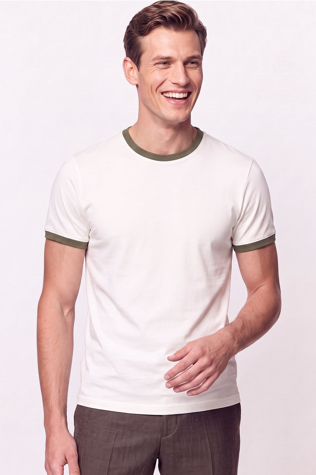 Slim Bisiklet Yaka Düz  EKRU-HAKİ  TS 932  T-SHIRT