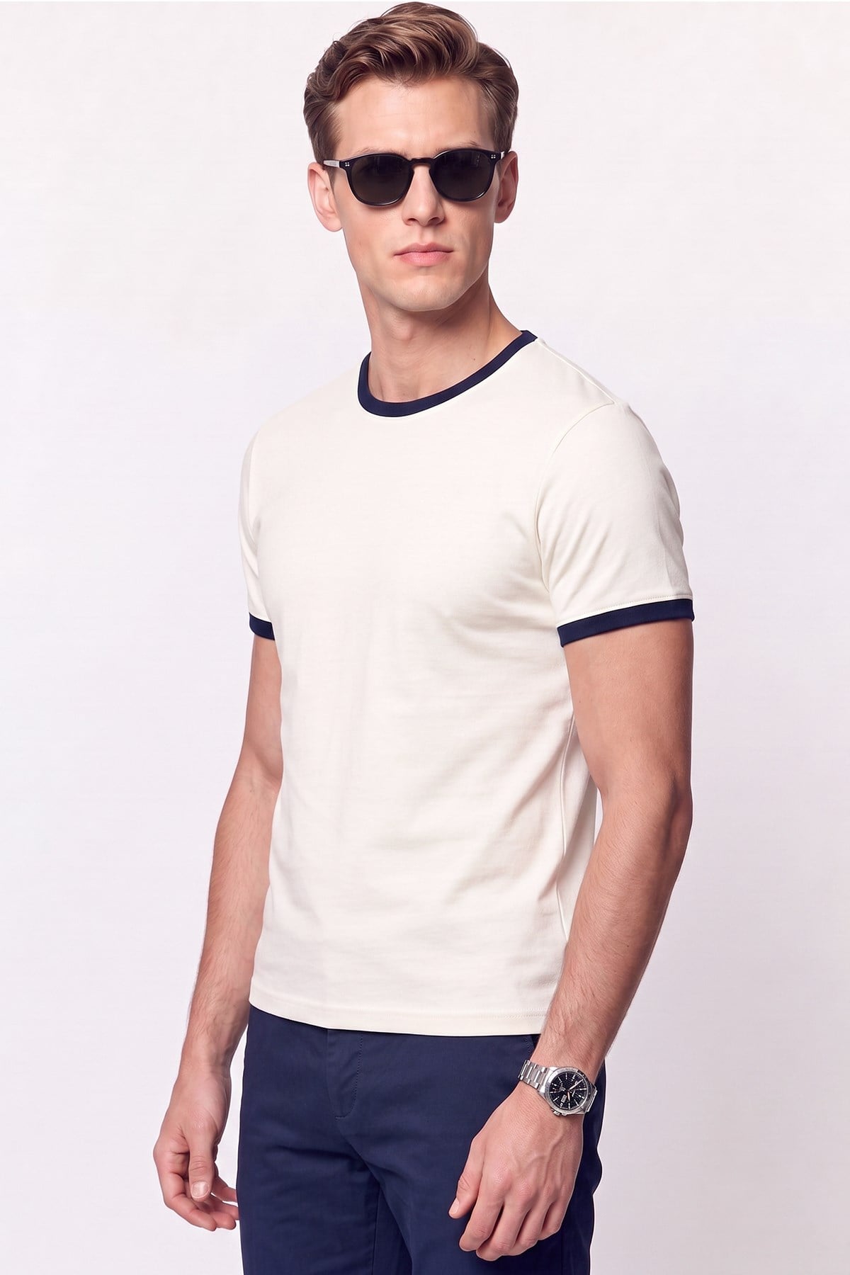 Slim Bisiklet Yaka Düz  EKRU-LACİVERT  TS 932  T-SHIRT