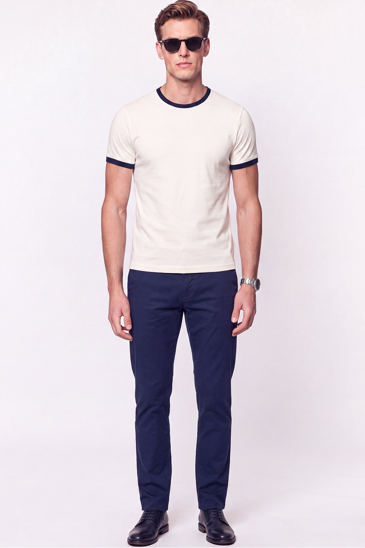 Slim Bisiklet Yaka Düz  EKRU-LACİVERT  TS 932  T-SHIRT