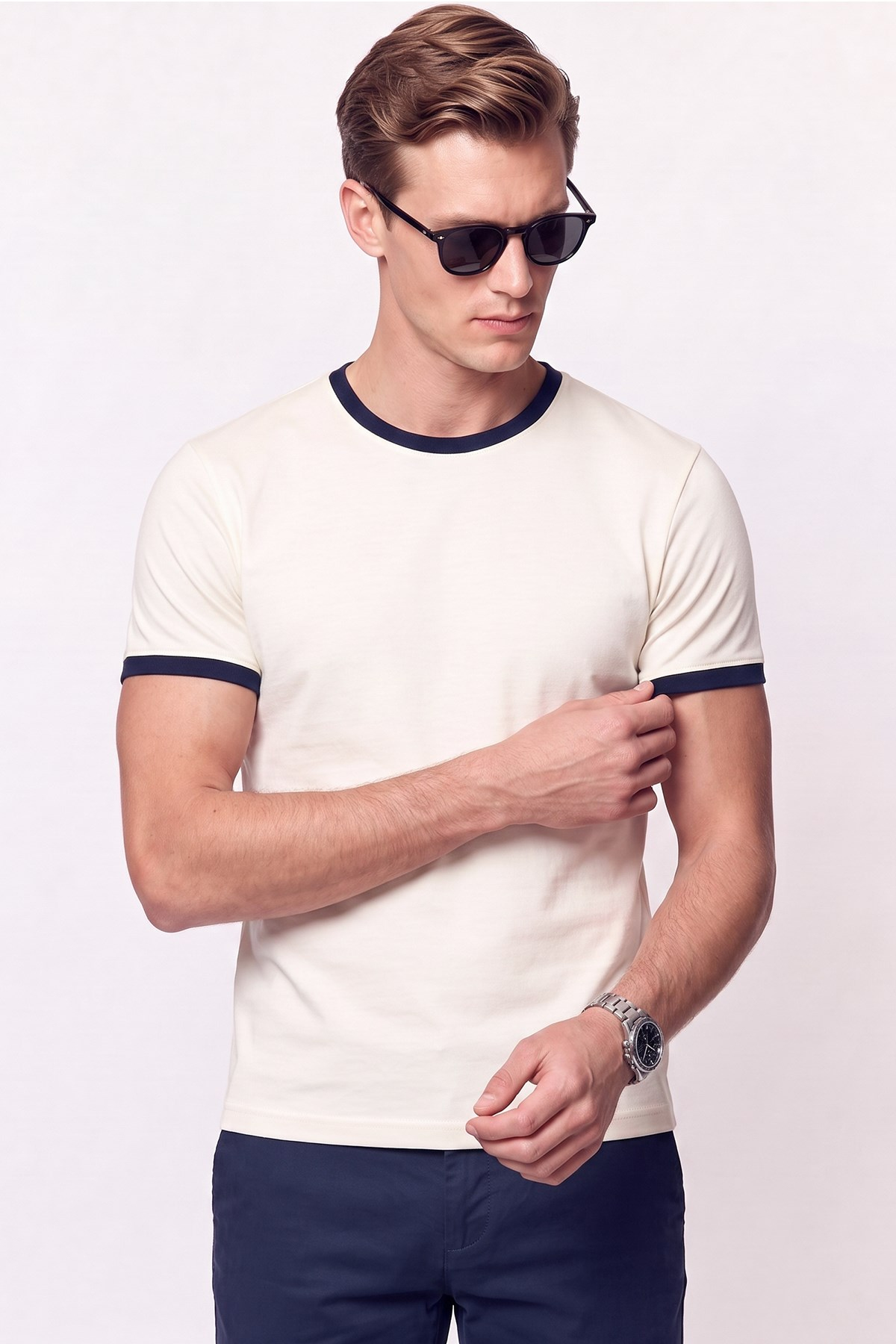 Slim Bisiklet Yaka Düz  EKRU-LACİVERT  TS 932  T-SHIRT