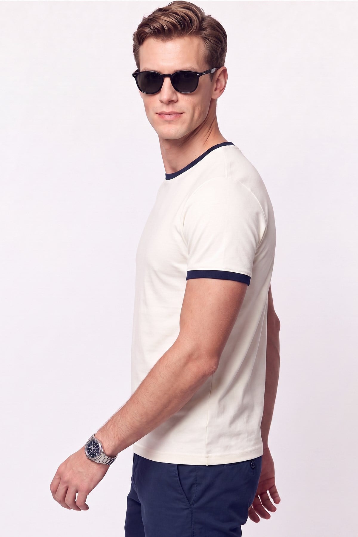 Slim Bisiklet Yaka Düz  EKRU-LACİVERT  TS 932  T-SHIRT