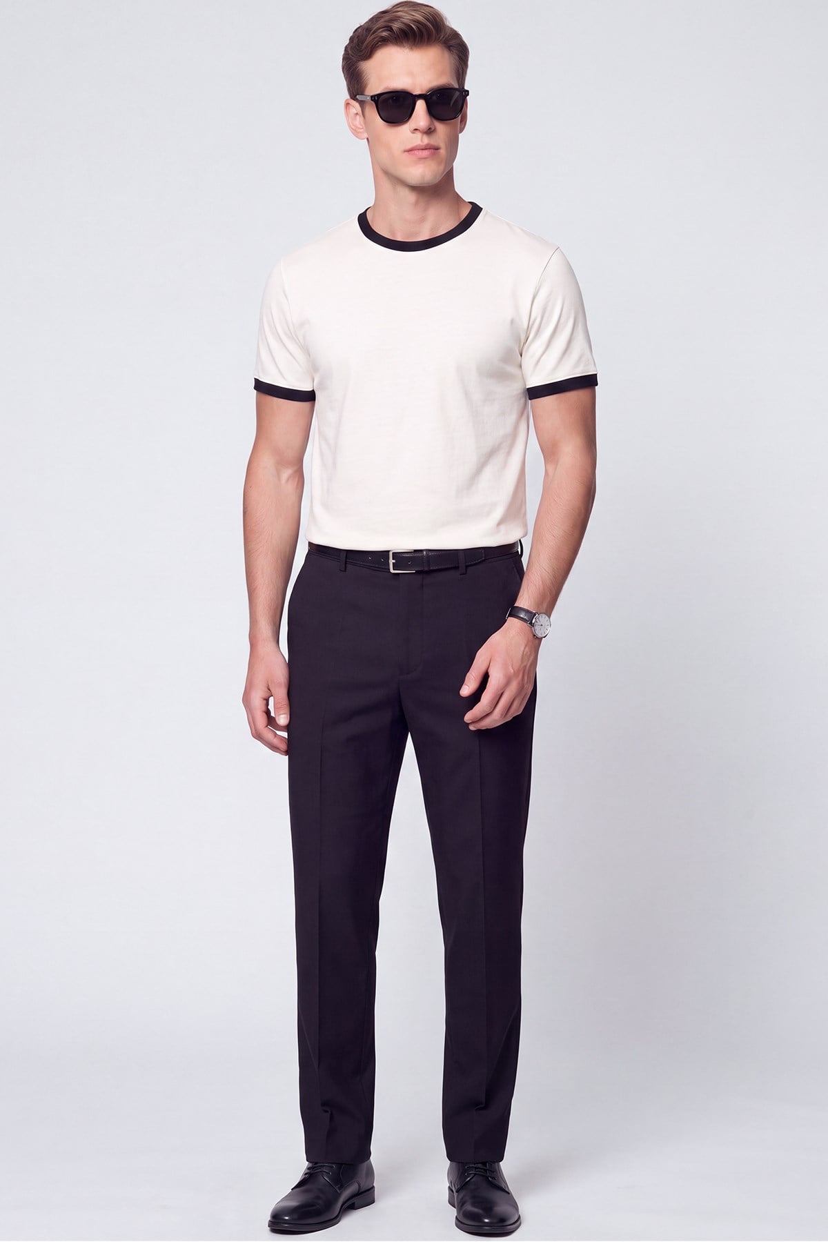 Slim Bisiklet Yaka Düz  EKRU-SİYAH  TS 932  T-SHIRT