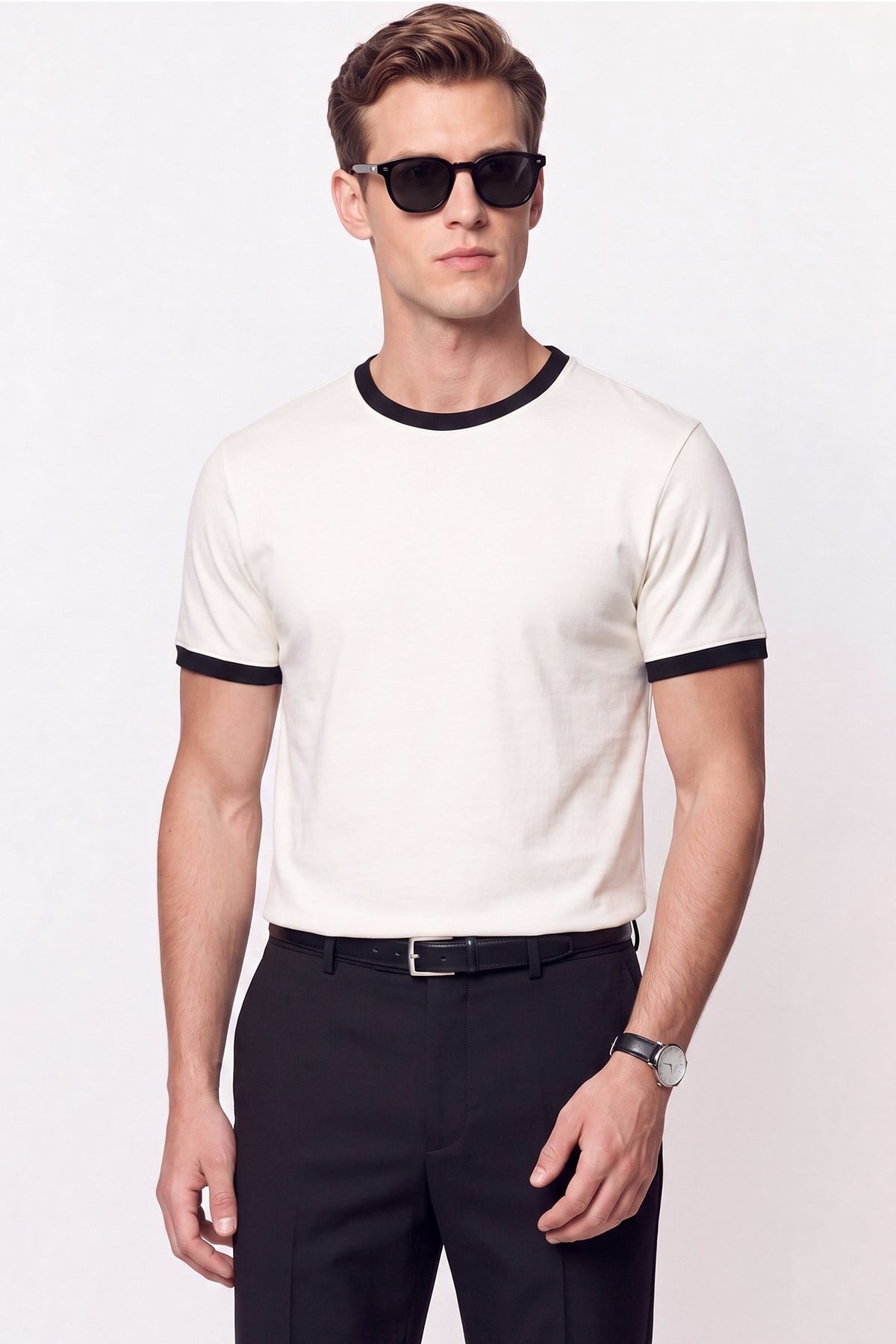 Slim Bisiklet Yaka Düz  EKRU-SİYAH  TS 932  T-SHIRT