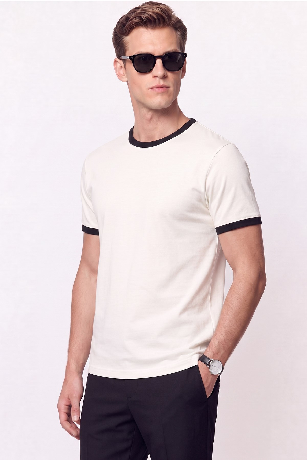 Slim Bisiklet Yaka Düz  EKRU-SİYAH  TS 932  T-SHIRT