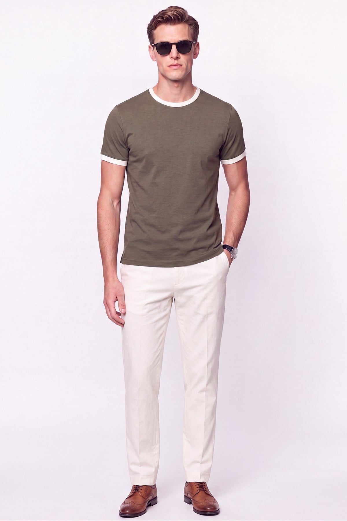 Slim Bisiklet Yaka Düz  HAKİ-EKRU  TS 932  T-SHIRT