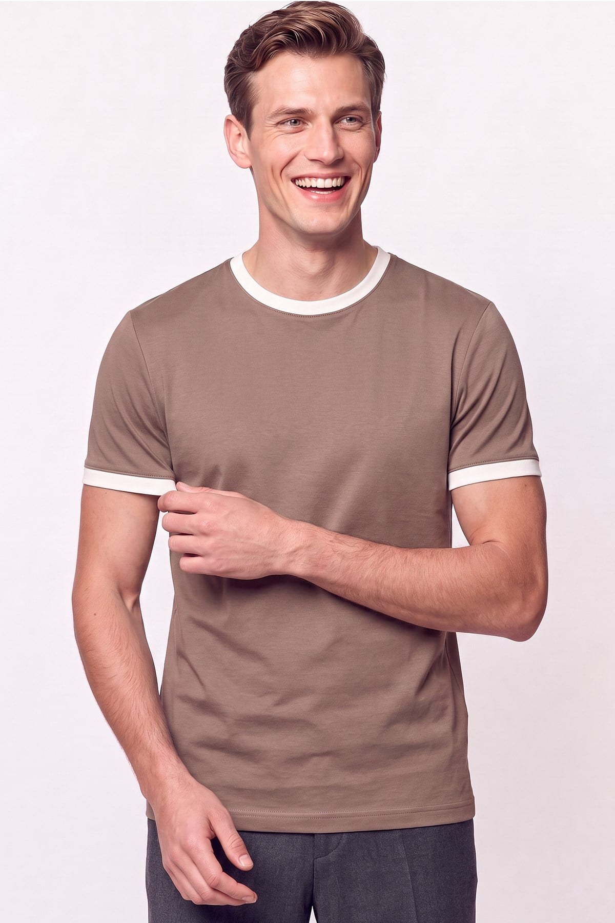 Slim Bisiklet Yaka Düz  VİZON-EKRU  TS 932  T-SHIRT