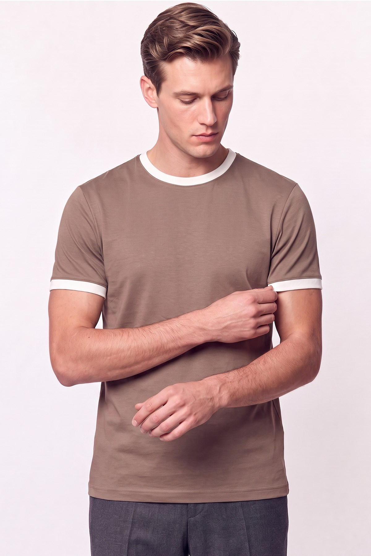 Slim Bisiklet Yaka Düz  VİZON-EKRU  TS 932  T-SHIRT