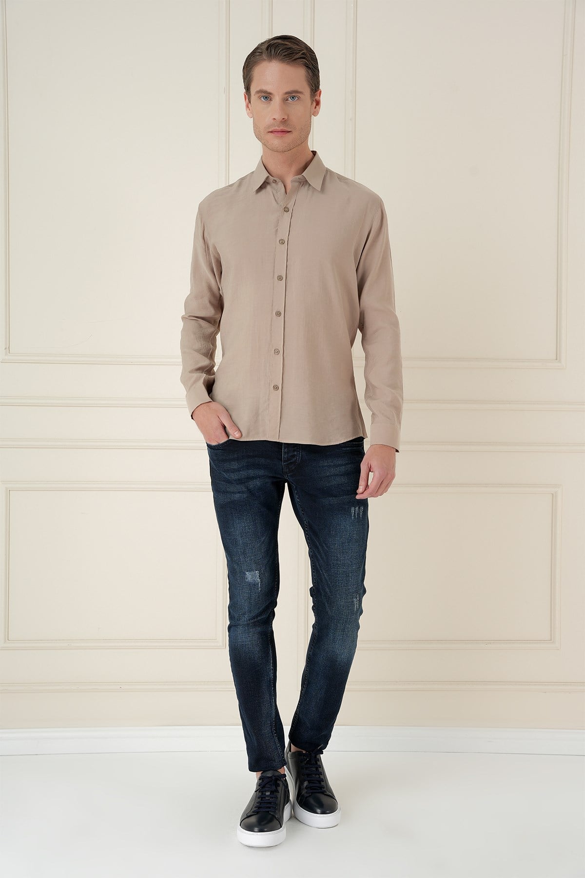 Slim Fit %100 Modal Erkek Yaka Uzun Kol Bej Gömlek  GK 743