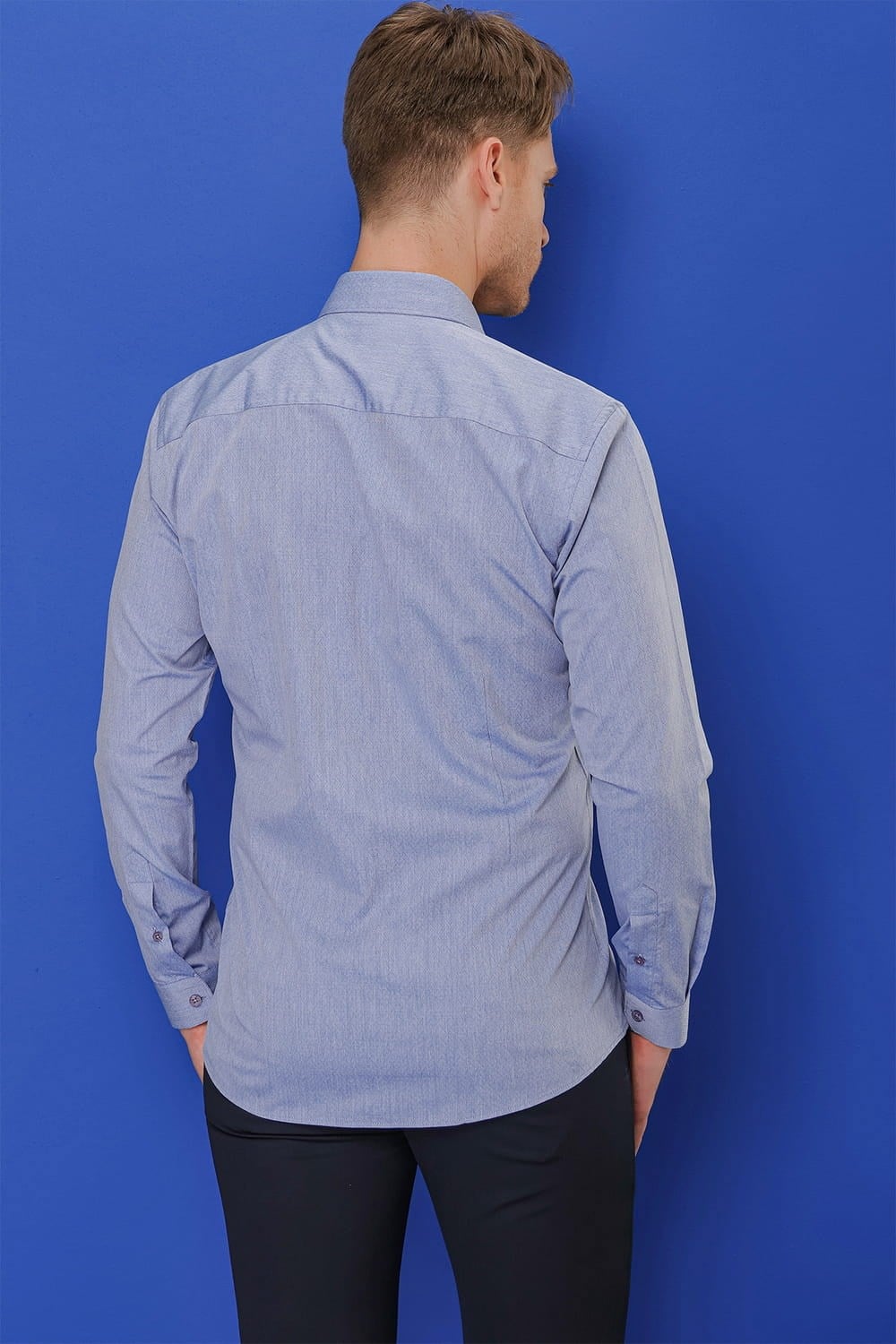 Slim Fit %100 Pamuk Armürlü Pamuklu Uzun Kollu Mavi Gömlek GK 679