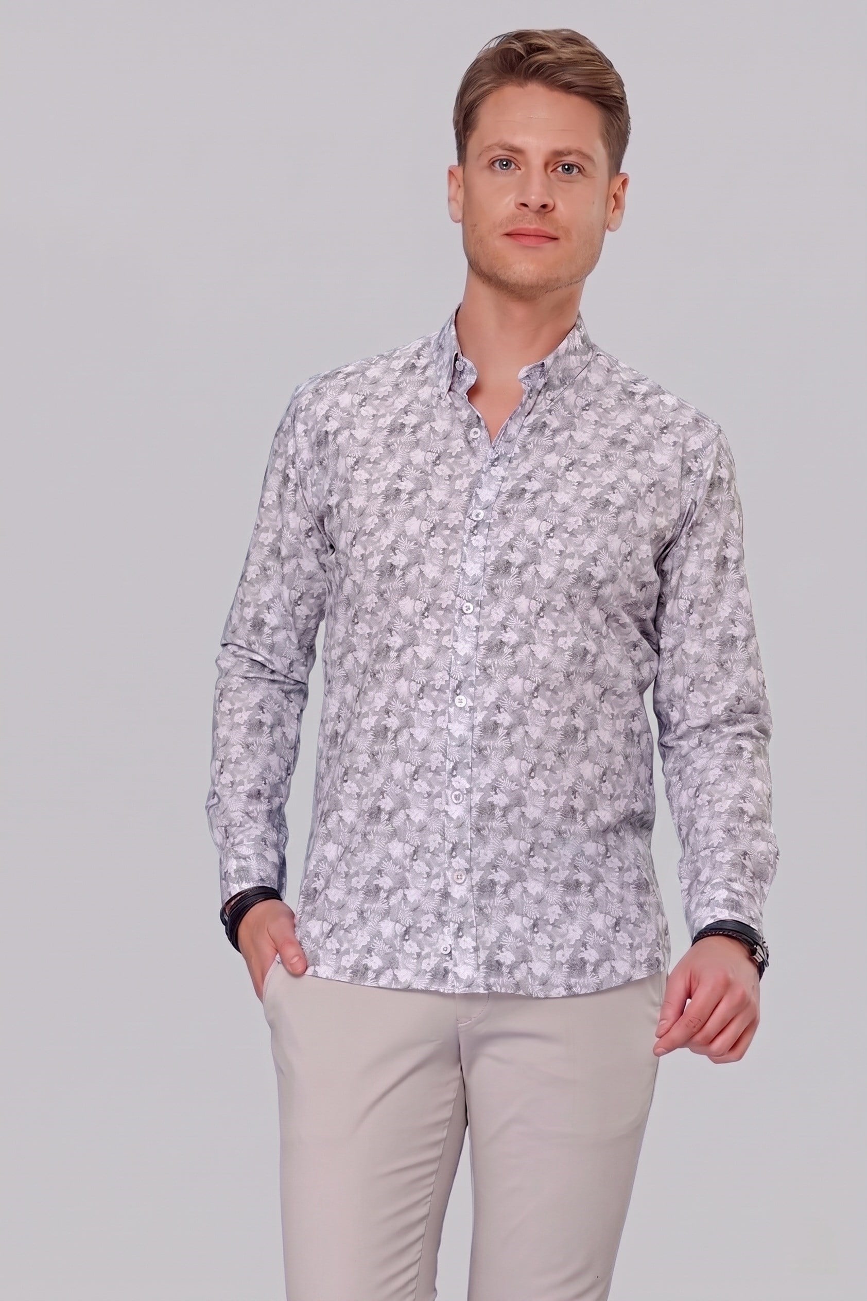 Slim Fit %100 Pamuk Çiçek Desenli Düğmeli Yaka Gri Gömlek G 1542