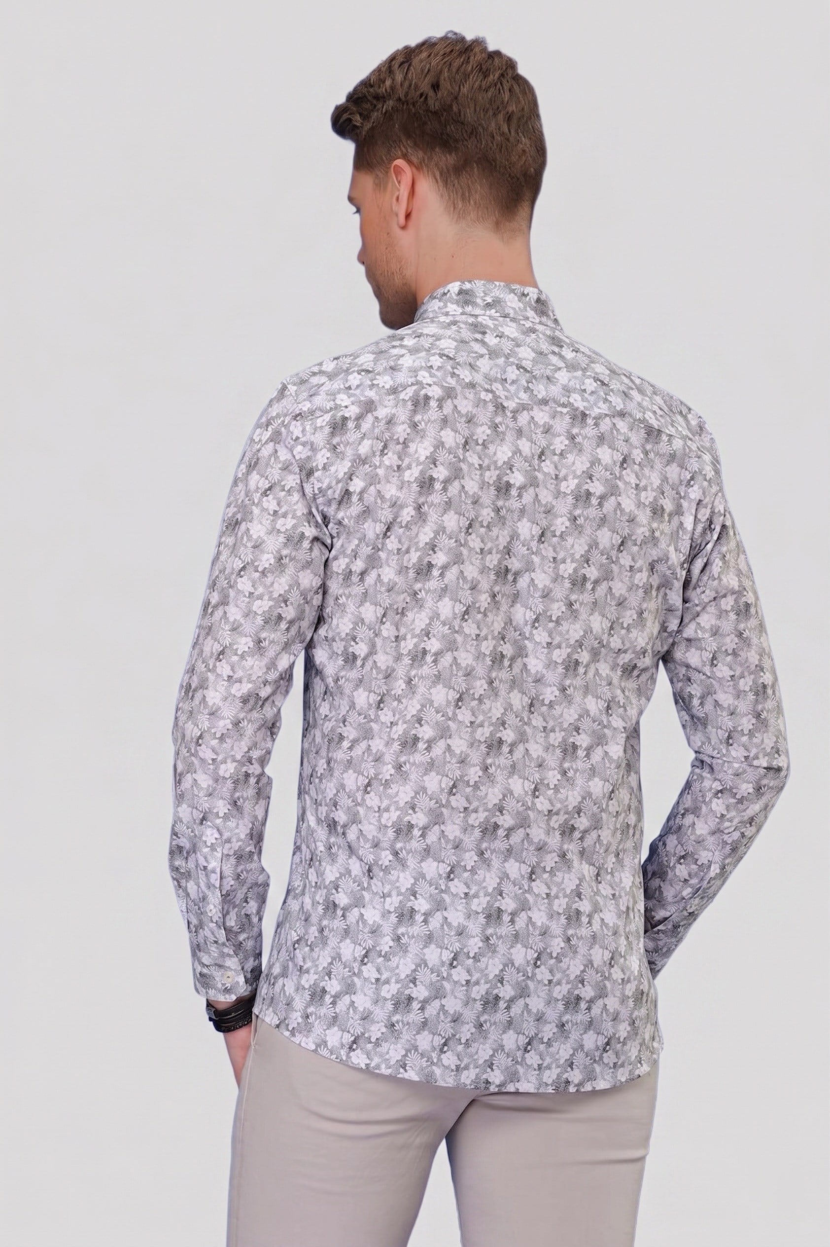 Slim Fit %100 Pamuk Çiçek Desenli Düğmeli Yaka Gri Gömlek G 1542