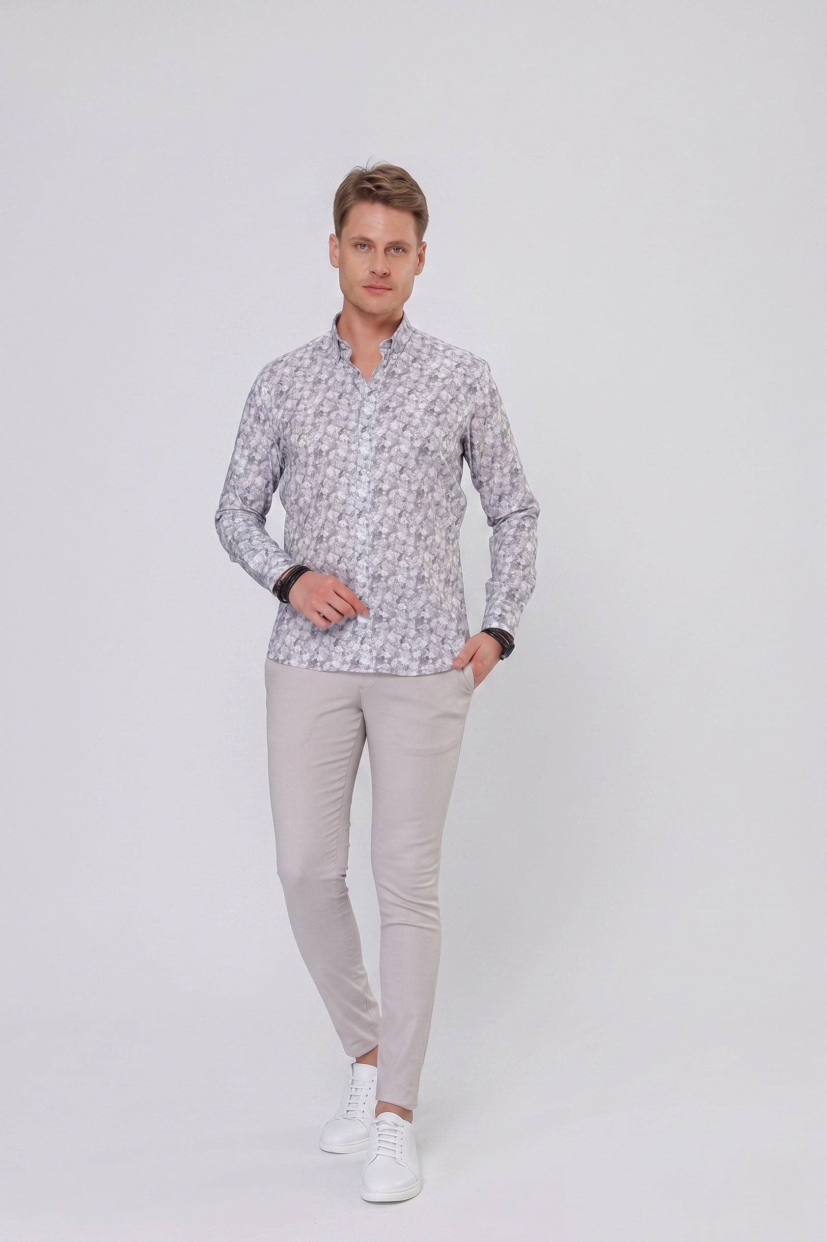 Slim Fit %100 Pamuk Çiçek Desenli Düğmeli Yaka Gri Gömlek G 1542