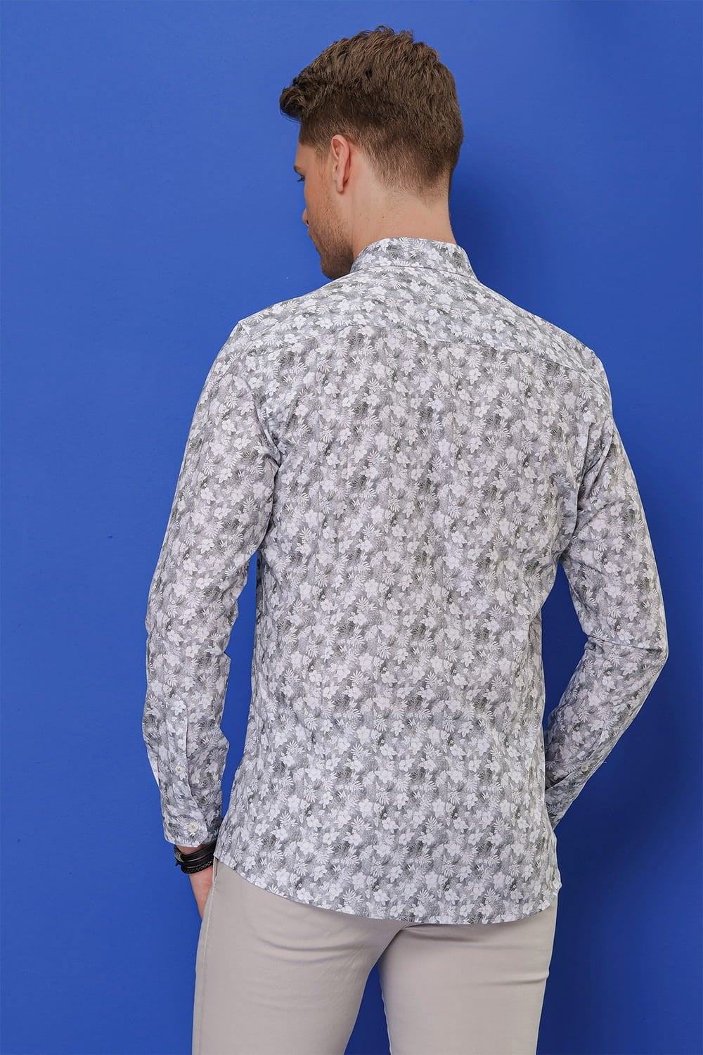 Slim Fit %100 Pamuk Çiçek Desenli Düğmeli Yaka Gri Gömlek G 1542