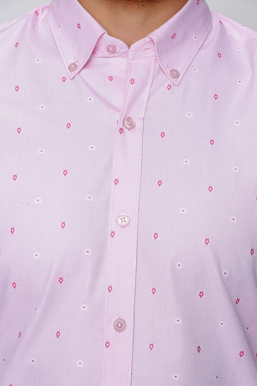 Slim Fit %100 Pamuk Çiçek Desenli Yaka Düğmeli Pembe Gömlek GK 643