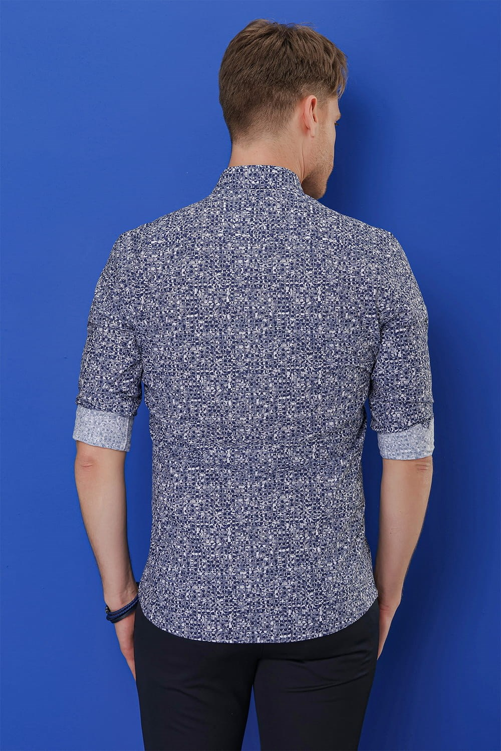Slim Fit %100 Pamuk Desenli Lacivert Gömlek G 1541