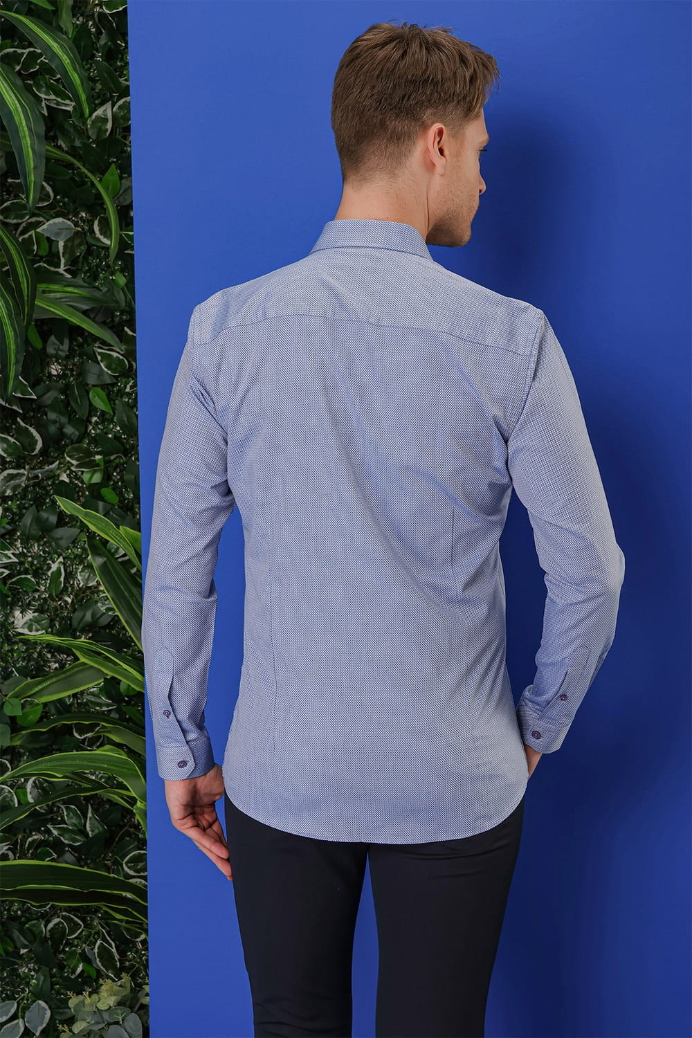 Slim Fit %100 Pamuk Dokulu Pamuklu Uzun Kollu Mavi Gömlek GK 680