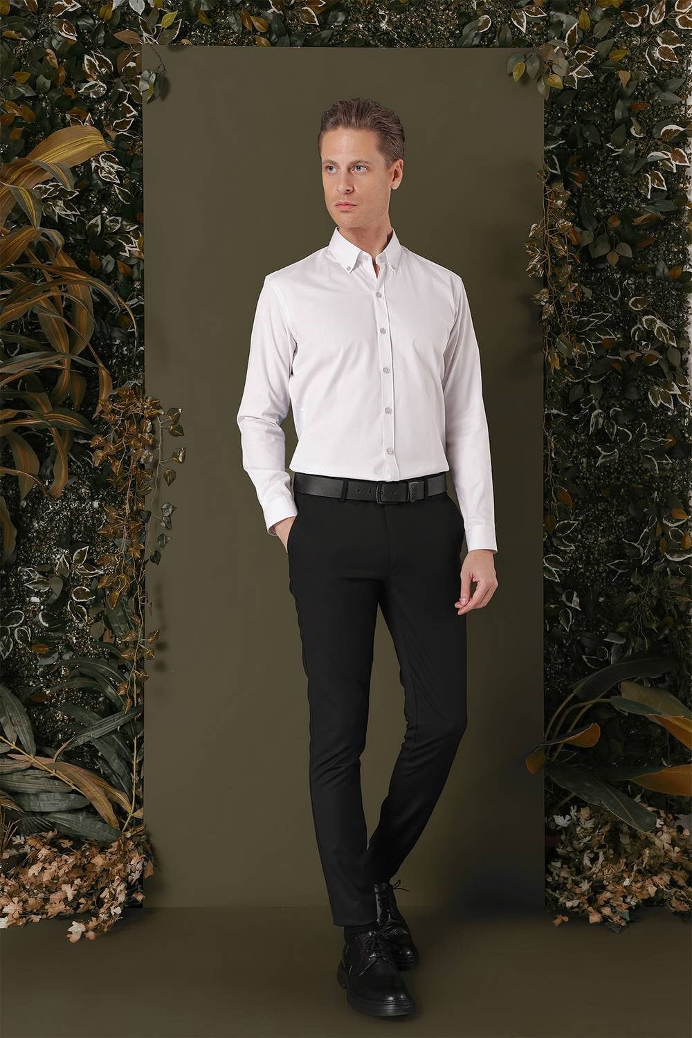 Slim Fit %100 Pamuk Düğme Yakalı Taş/Kırık Beyaz Gömlek GK 711
