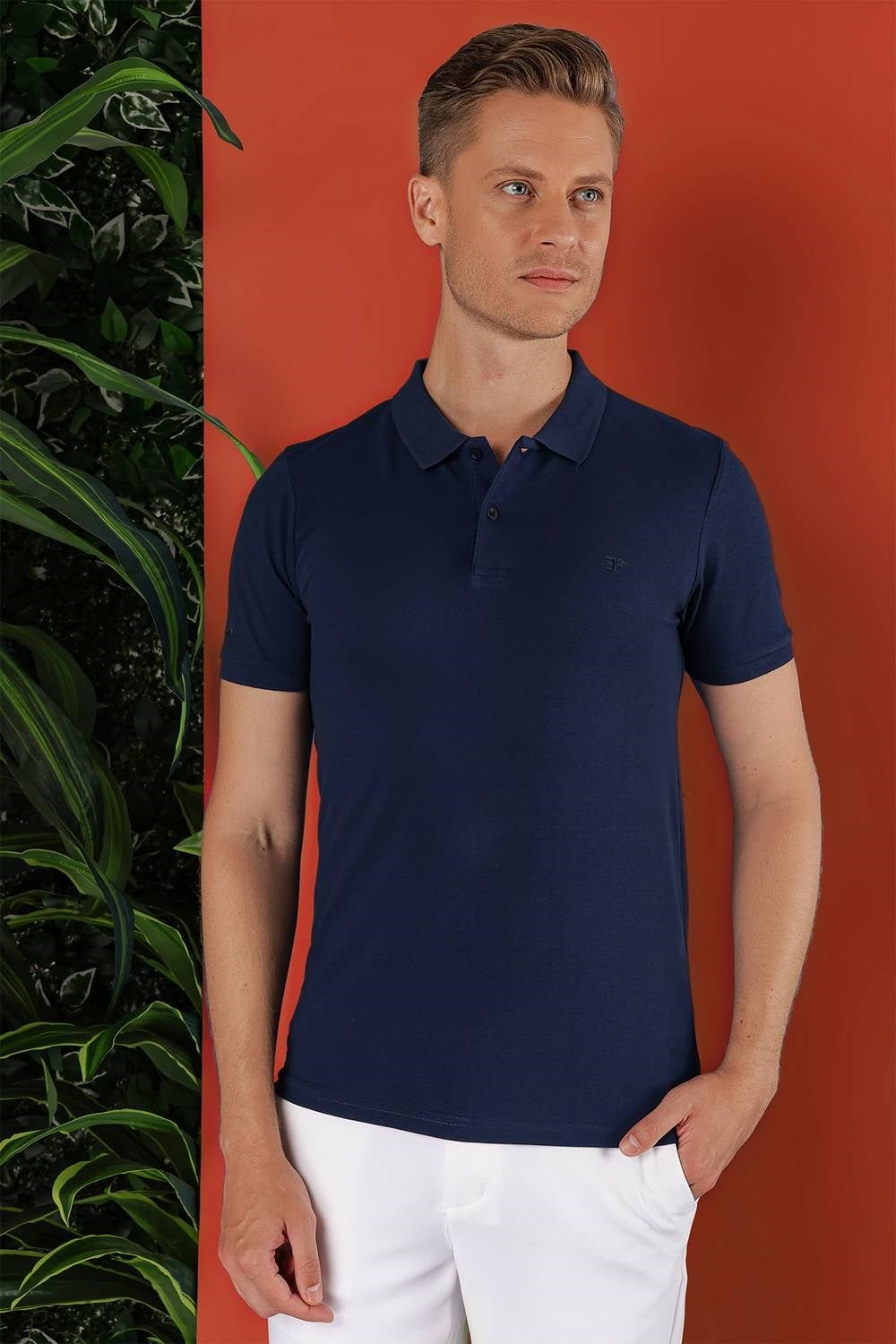 Slim Fit %100 Pamuk Düğmeli Lacivert Polo Yaka Tişört Ts 845