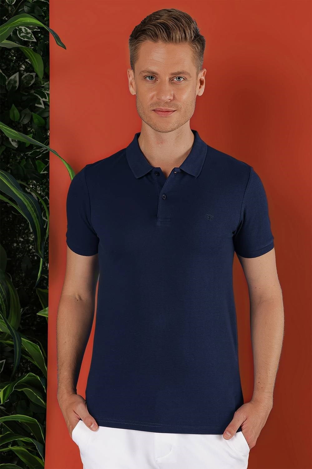Slim Fit %100 Pamuk Düğmeli Lacivert Polo Yaka Tişört Ts 845