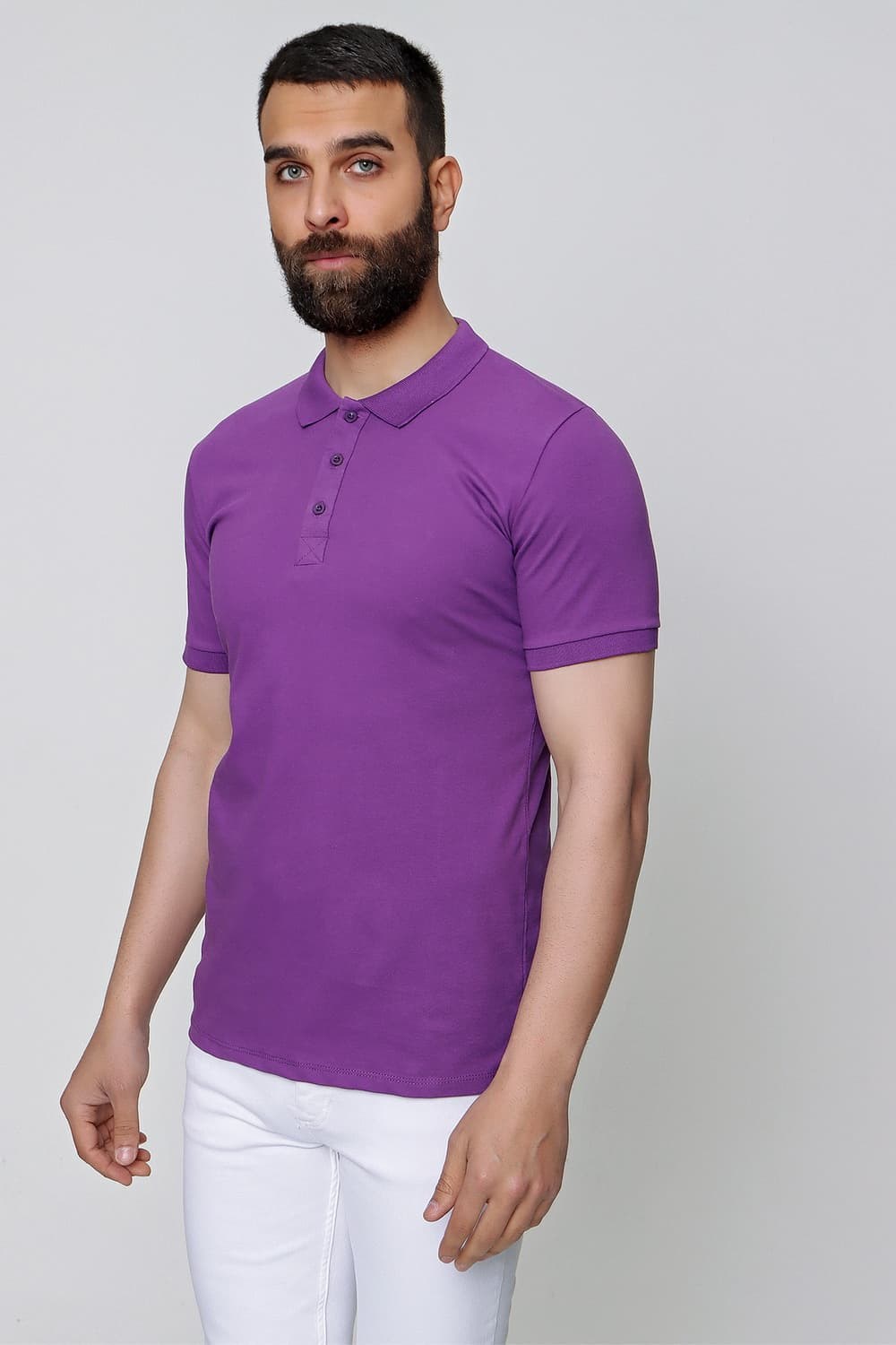 Slim Fit %100 Pamuk Düğmeli Mor Polo Yaka Tişört Ts 829