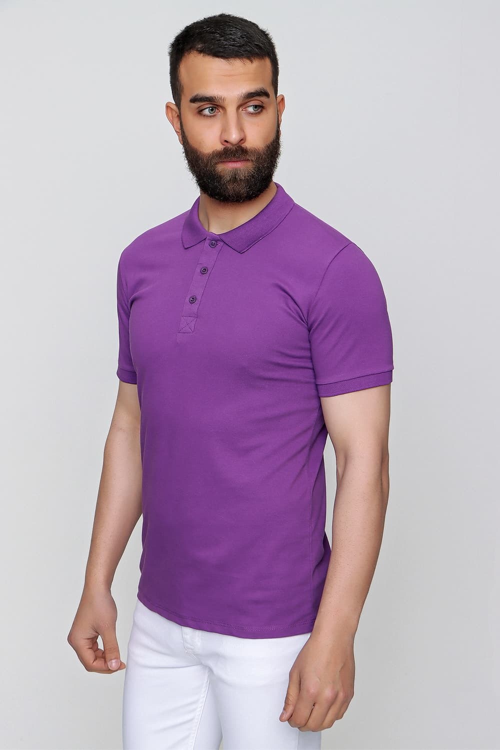 Slim Fit %100 Pamuk Düğmeli Mor Polo Yaka Tişört Ts 829