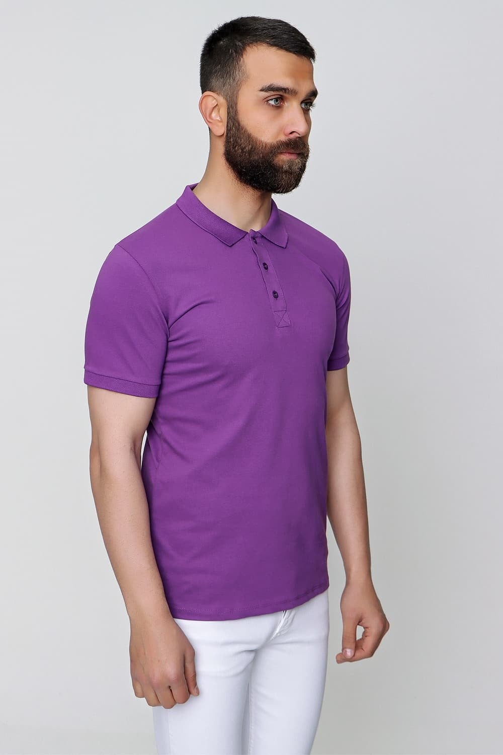 Slim Fit %100 Pamuk Düğmeli Mor Polo Yaka Tişört Ts 829