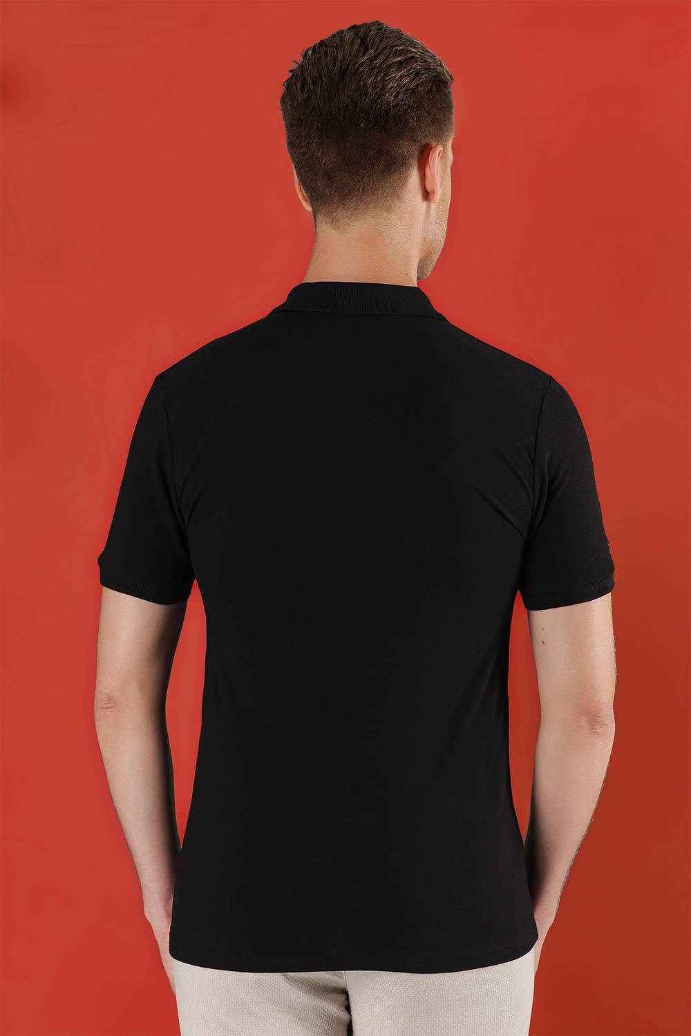 Slim Fit %100 Pamuk Düğmeli Siyah Polo Yaka Tişört Ts 845