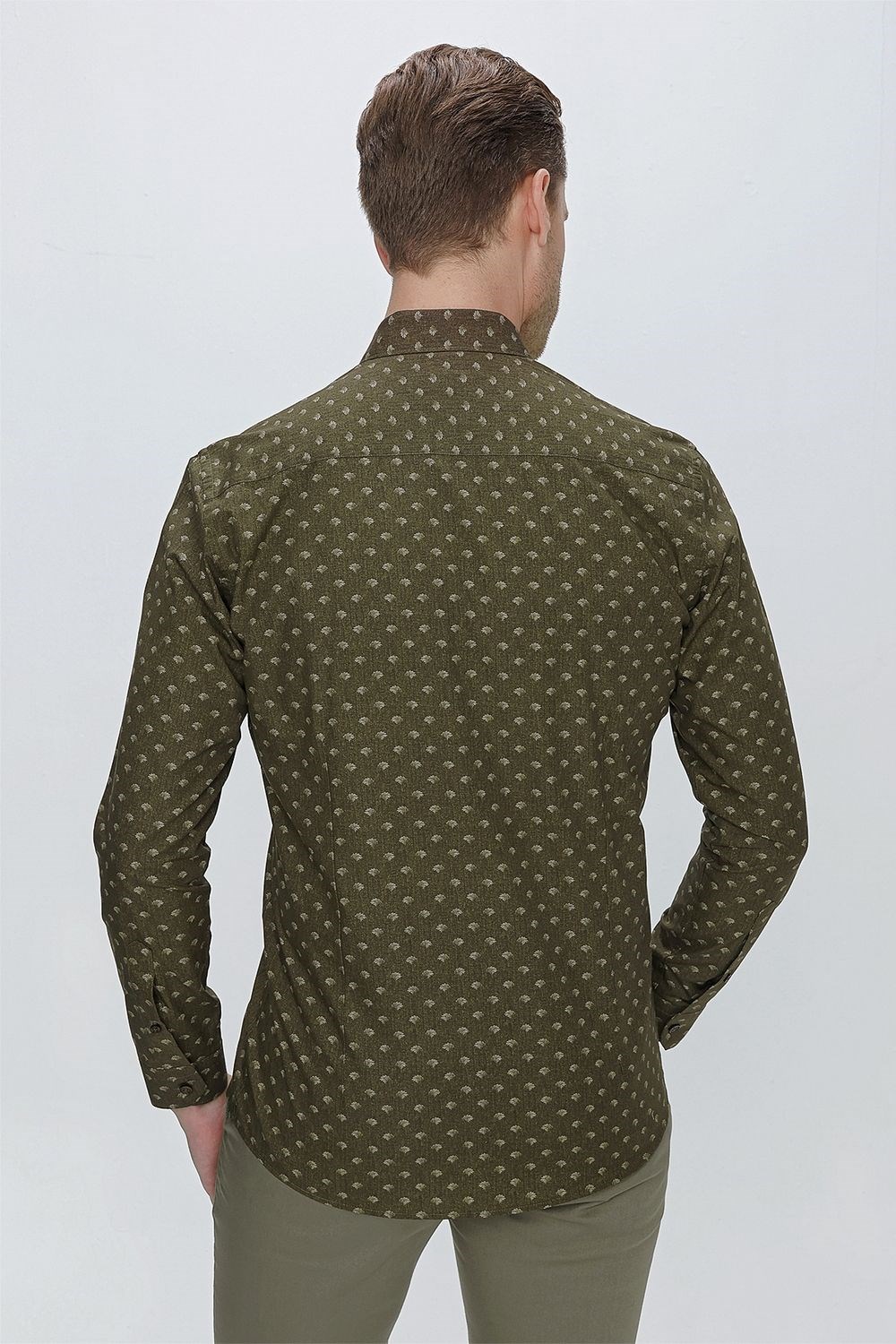 Slim Fit %100 Pamuk Düğmeli Yaka Desenli Haki Gömlek G 1518