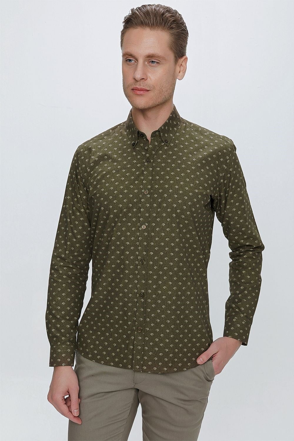 Slim Fit %100 Pamuk Düğmeli Yaka Desenli Haki Gömlek G 1518